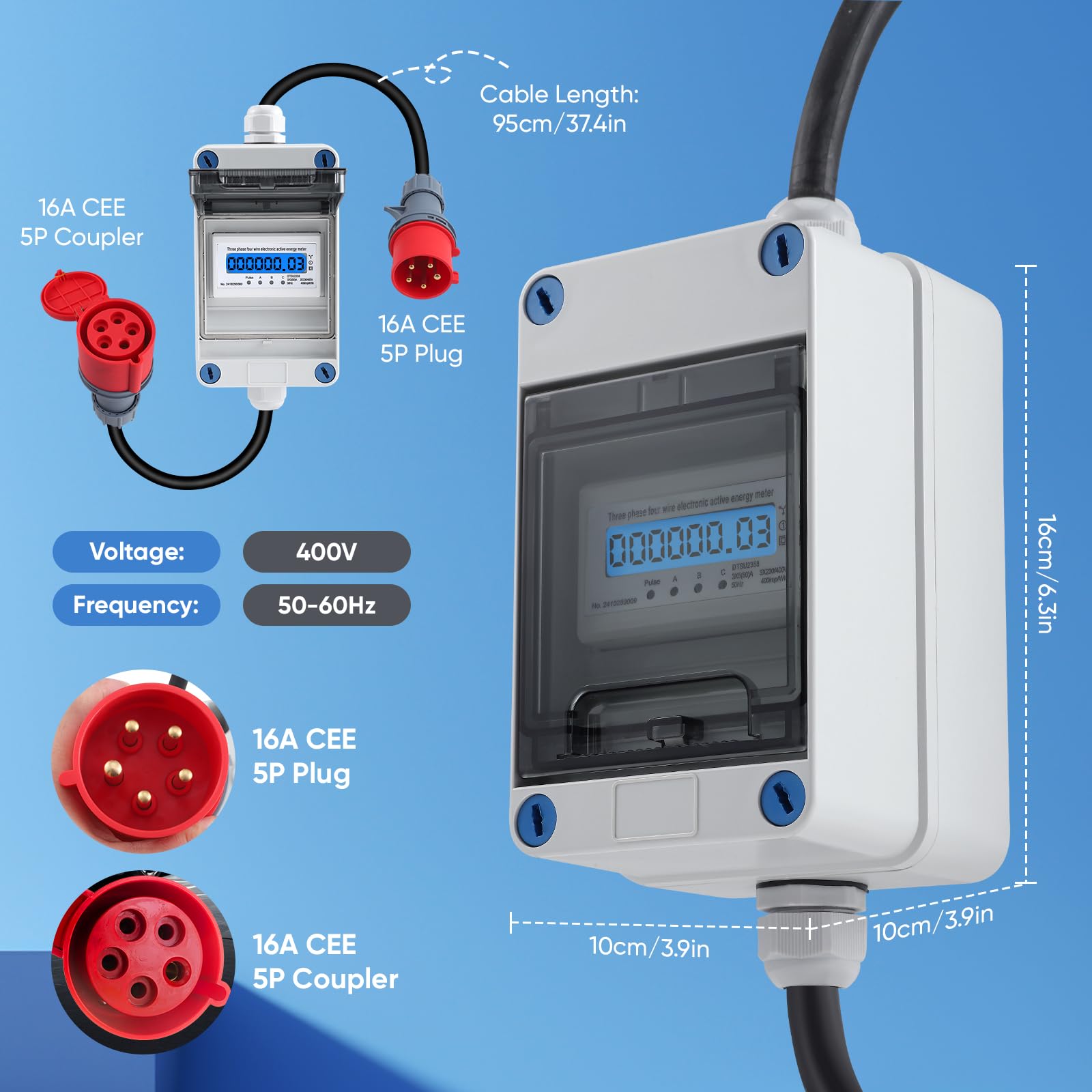 Medidor de electricidad digital móvil 16 A, 400 V, trifásico, con enchufe para tomacorriente
