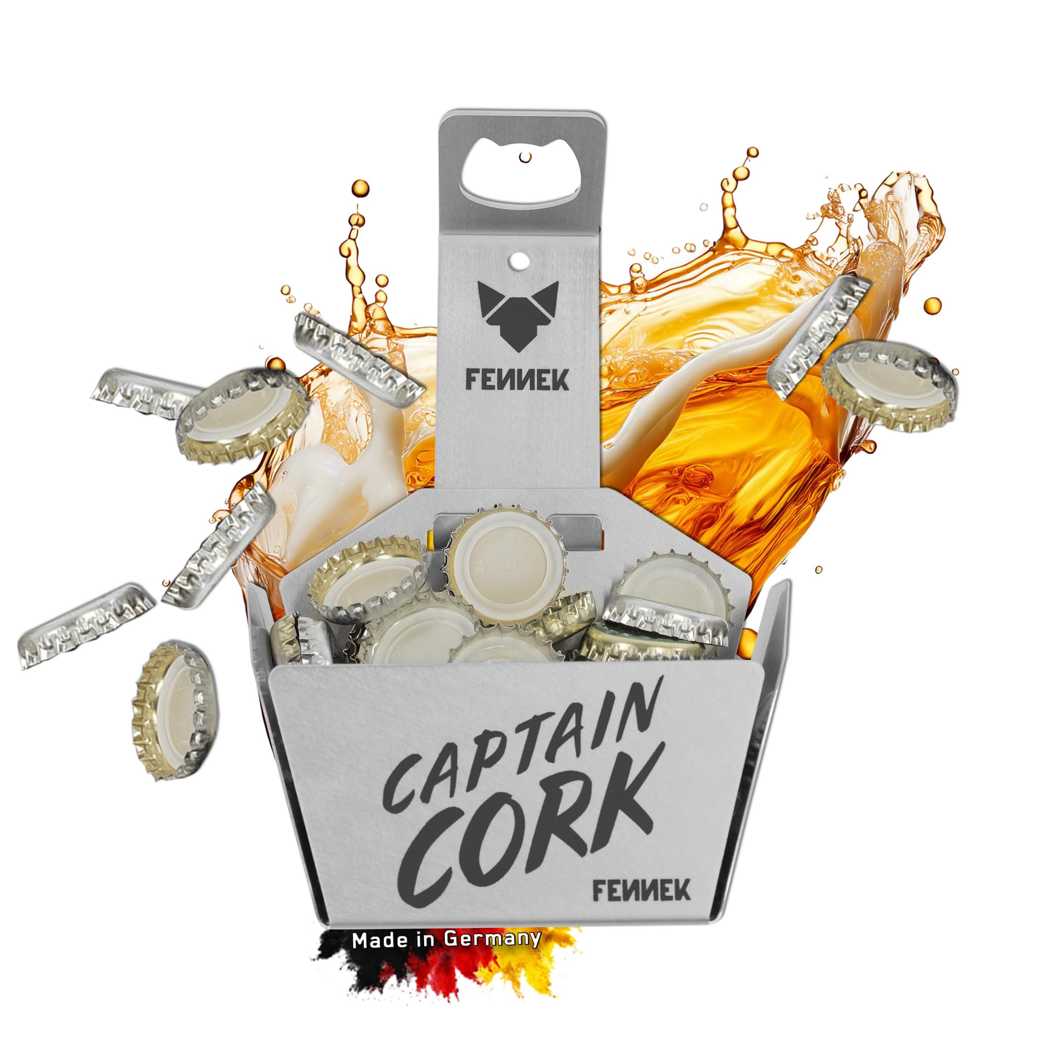 FENNEK Captain Cork | Flaschenöffner mit Korb | perfekt für jede Outdoor-Küche, Bar, Werkstatt und jeden Party-Keller | aus Edelstahl | Made in Germany