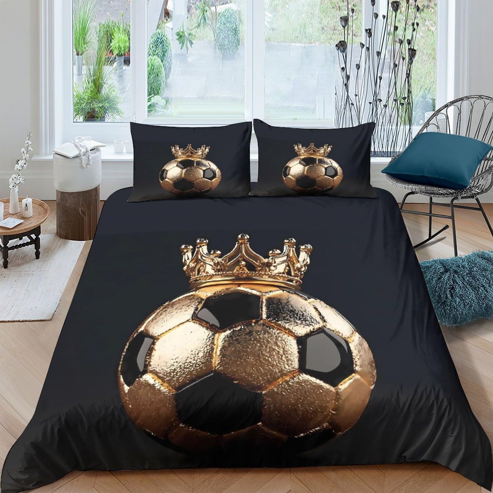 Ctjqhvkz Style-9 3D Printed Golden Crown Soccer Fitted Sheet Microfiber Soft Black Bed Cover For Bedroom Dorm Decorative Protection Single（135X200cm）