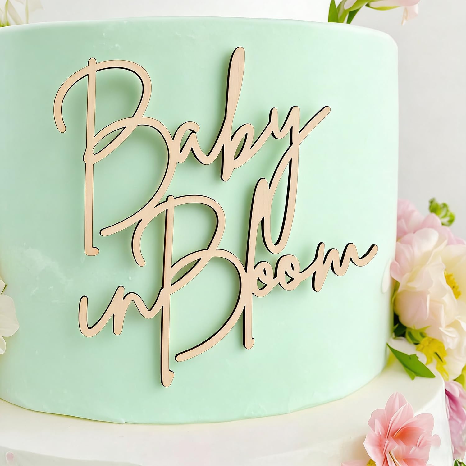 Baby in Bloom Cake Topper, Wooden Baby Shower Cake Decorations - First Birthday Cake Topper for Gender Reveal Pregnancy Announcement and Welcome Baby Cake Cherm Party Decorations
