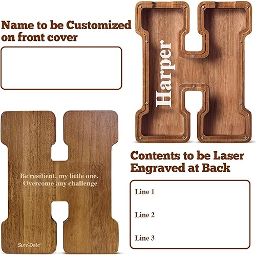 Miniatura 545 de SummiDate Alcancía de madera con nombre, niños y niñas, tamaño grande, letras alfabeto A-Z, monedas y billetes, inicial en cubierta transparente