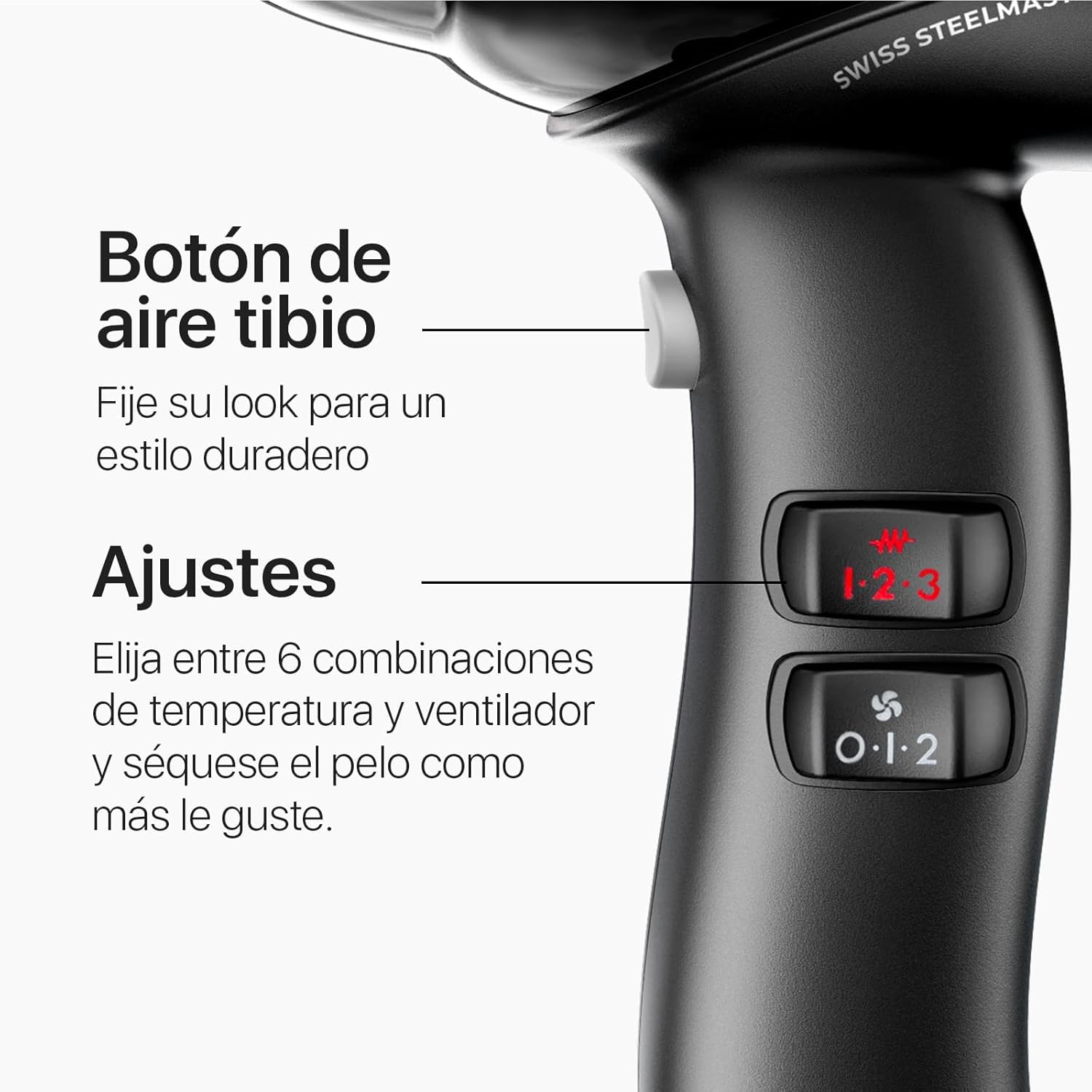 Valera, Swiss Steel Master Light, Secador de Pelo Profesional en Acero Cromado, Secador Ligero con Motor Potente, 3 Niveles de Temperatura, Ionizador, 2000 W