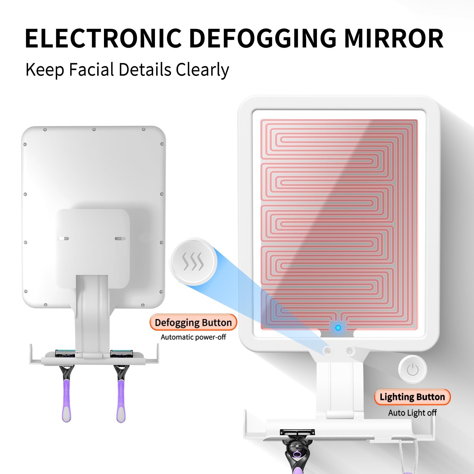 White Heated Fogless Shower Mirror with Dimmable Light