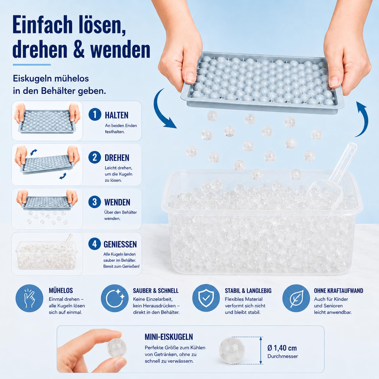 Eiswürfelform mit Deckel, Ice Cube Tray 4er Set, 416 Kugeln | 4 Eiswürfelformen mit Deckel für 416 runde Mini Eiskugeln, ideal für Drinks, Cocktails, Eiskaffee und Barzubehör.