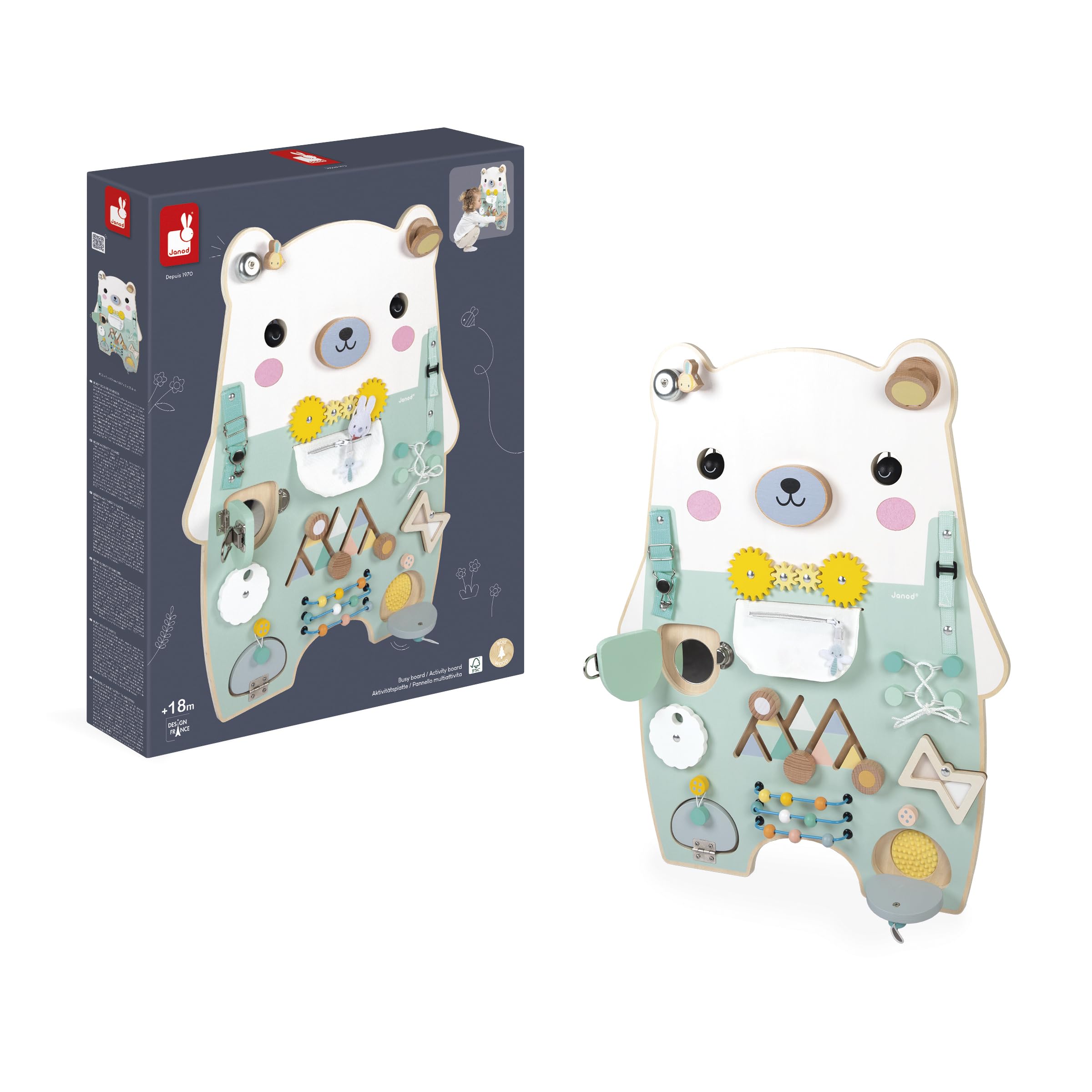 Janod Busy Board Ourson, 20 attività, Grande Tavolo di attività in Legno, Ottime per Lo Sviluppo della motricità fine, la curiosità e la destrezza, Altezza 60 cm, da 18 Mesi, J05162