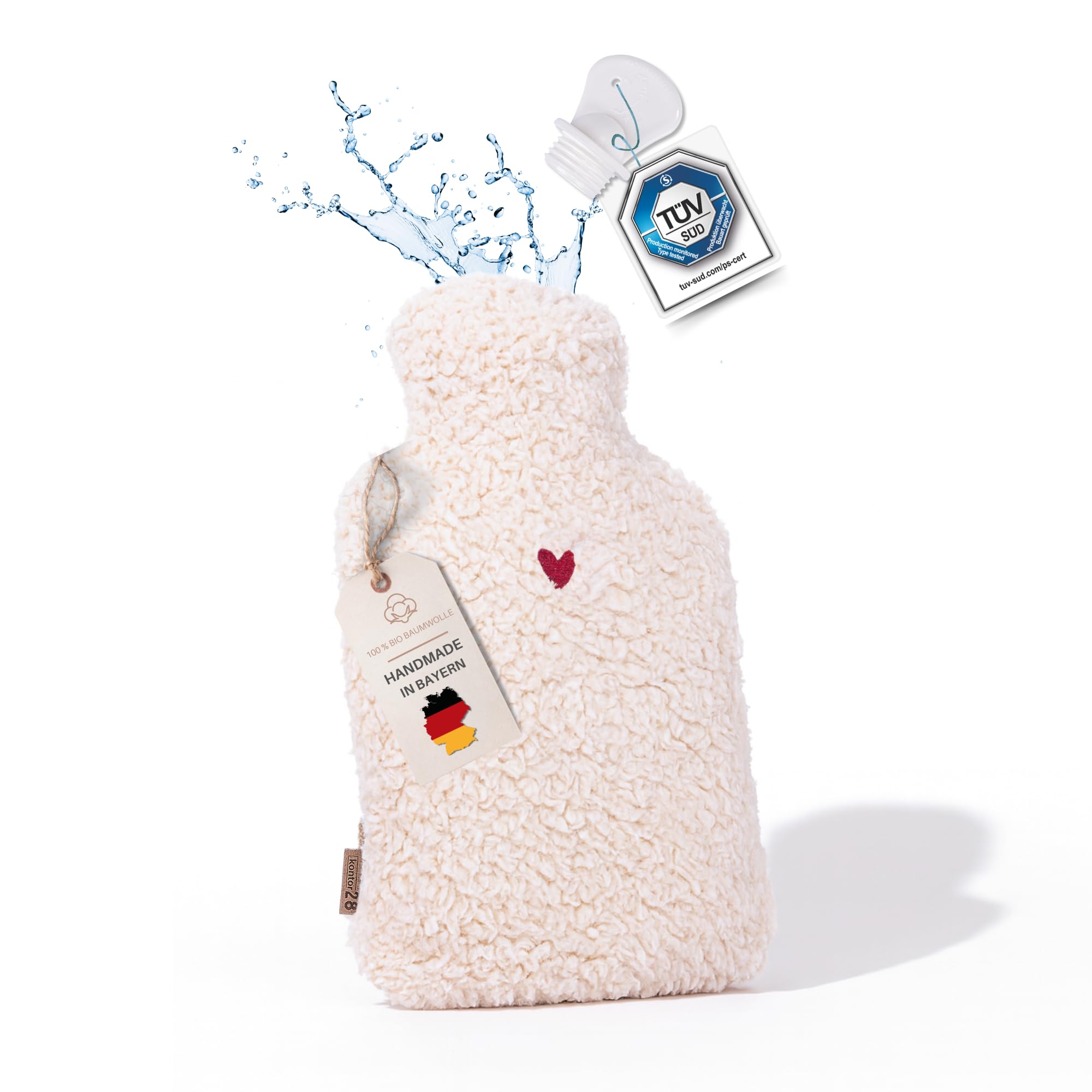 kontor28 - kuschelige TEDDY Wärmflasche mit Bezug aus super weicher 100% Bio-Baumwolle, handgefertigt Made in Germany, auslaufsicher, geruchlos und schmerzlindernd für Kinder/Erwachsene - 0,8 Liter