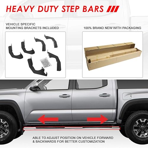 Miniatura 5 de Estribos de barra Nerf de 5 pulgadas con escalón lateral plano compatible con Toyota Tacoma DobleCrew Cab 05-21, acero inoxidable, cromo pulido