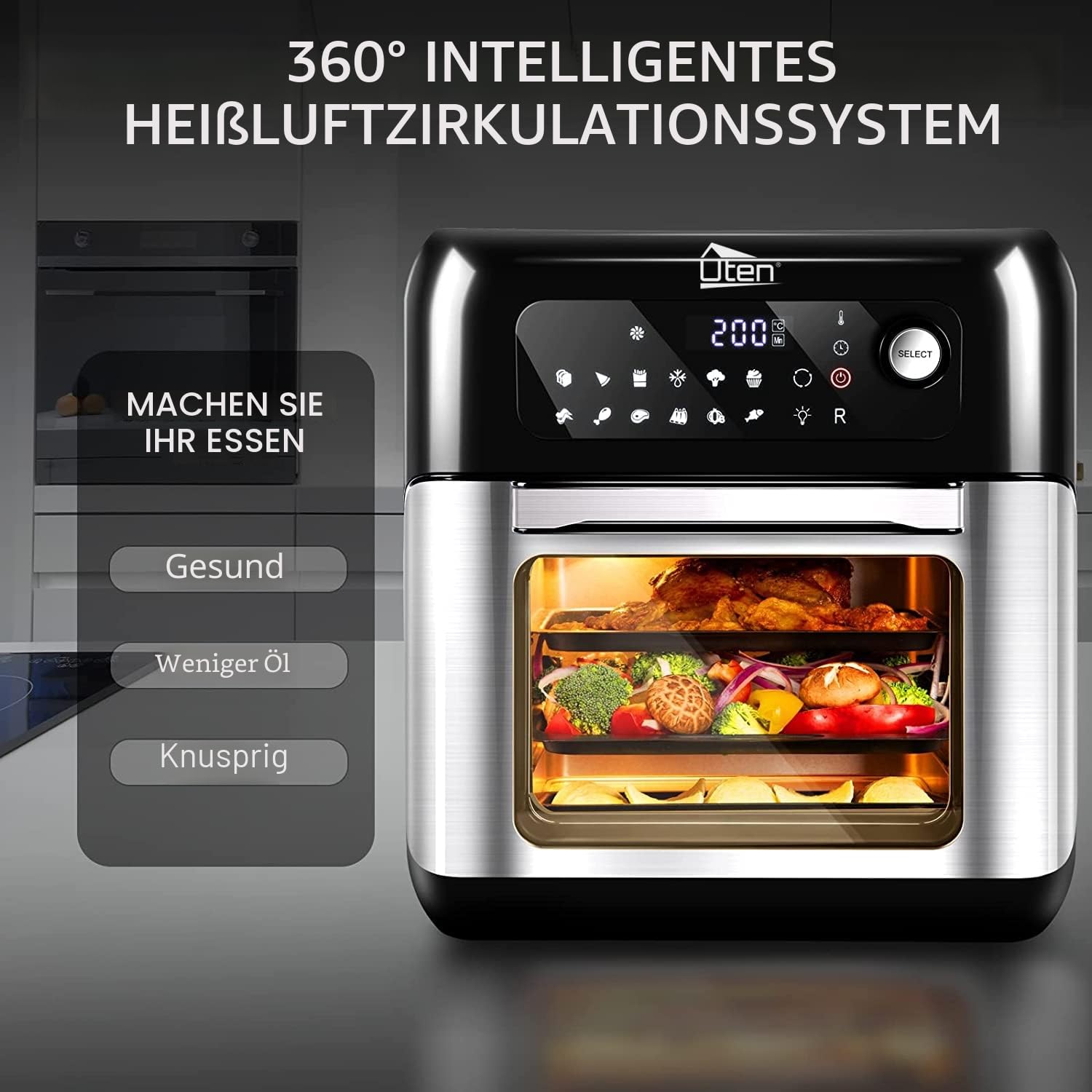 Heißluftfritteuse,10L Air fryer Fritteuse,Uten XXL Heißluft-ofen,12 in 1 Heissluftfritteuse mit digitalen LED-Display, 6 Zubehör & Rezeptbuch, Edelstahl,1500W