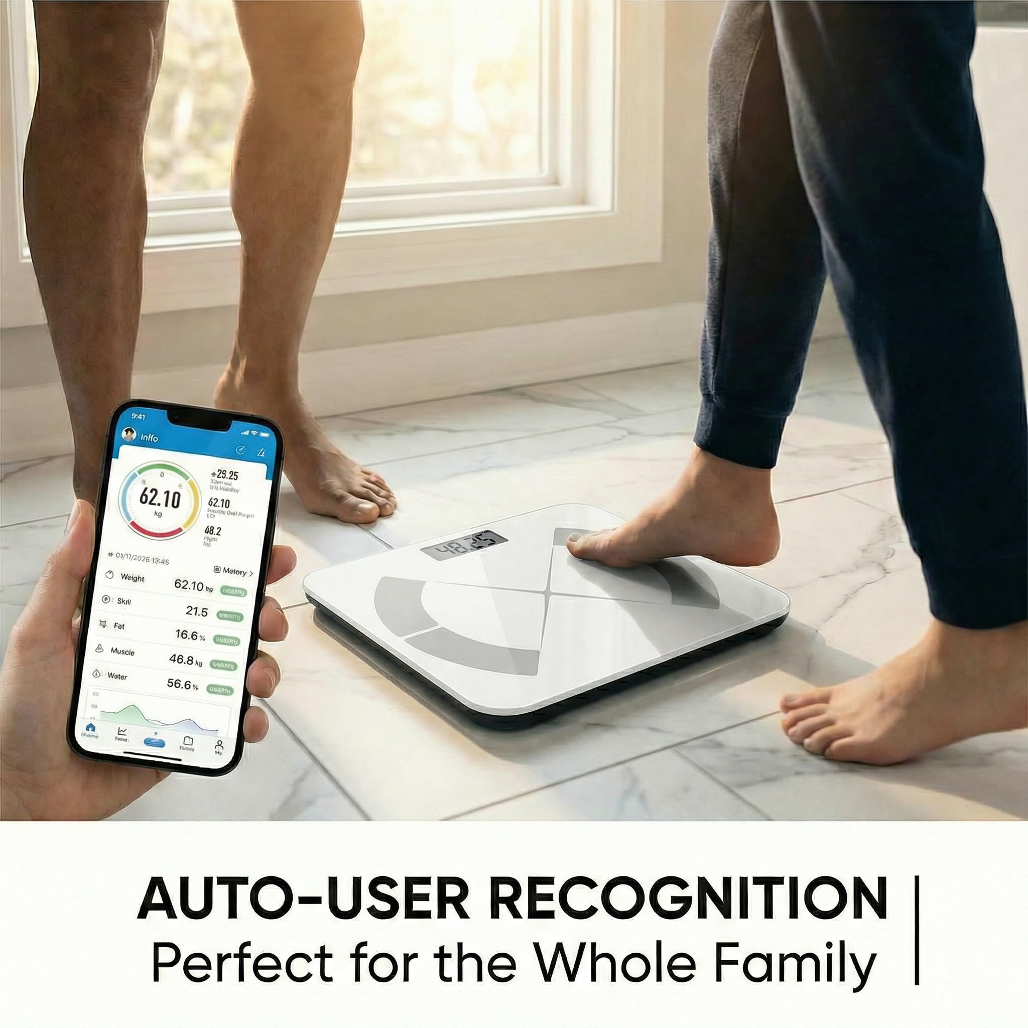 Báscula corporal inteligente – Báscula de baño Bluetooth con 18 métricas corporales y seguimiento de tendencia, diseño de haz en I grueso, vidrio templado grande, capacidad de 400 libras