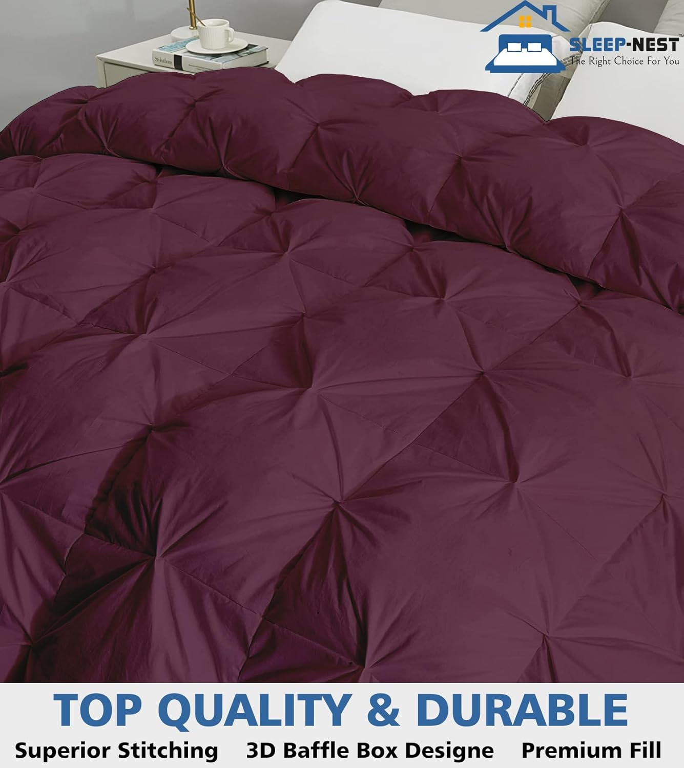 SLEEP-NEST Alaska King Comforter 138x122 Extra Wide All Season - Down Alternative Duvet Insert 1 Piece Quilt - Super Soft Hotel Luxury Pinch Pleat Comforter with 8 Tabs, XL King - Wine Dream