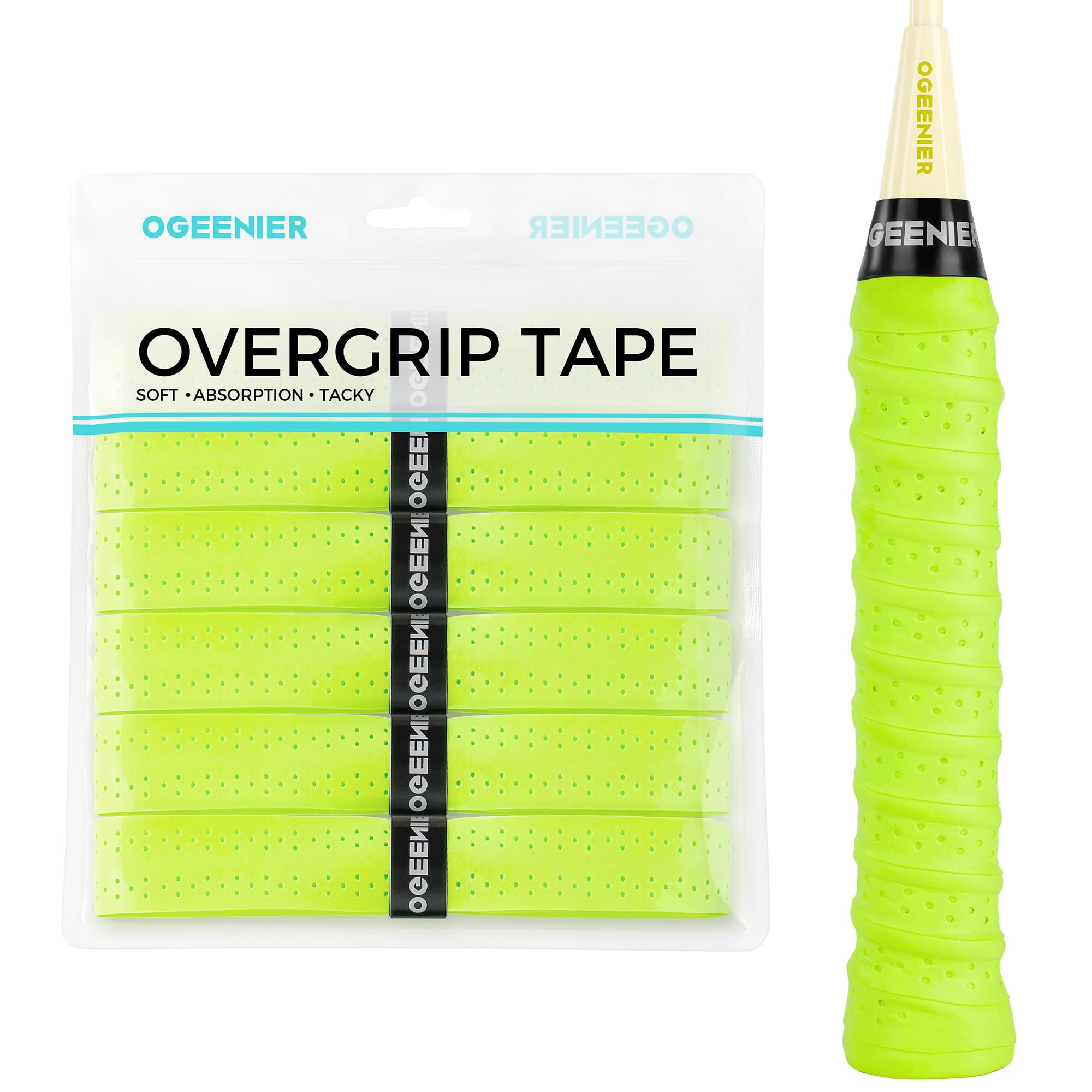 OGEERNIER PU Badminton Racket Grip, 6 Pack Anti-slip Squash/Padel/Tennis Racket Grip Tape, Perforated Super Absorbent Racquet Tape