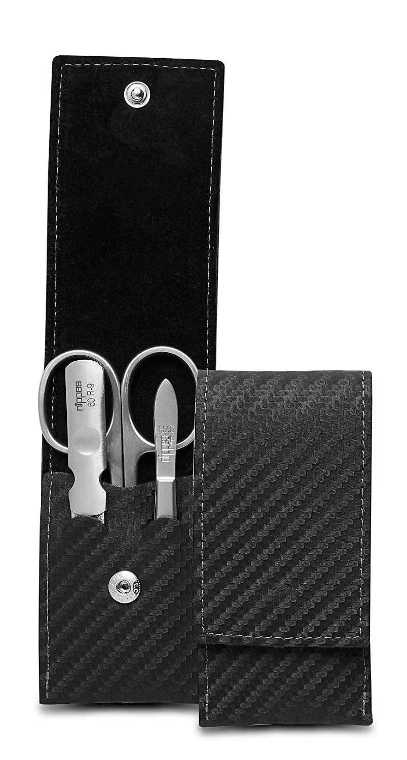 Nippes - Cofanetto per manicure con chiusura a pressione, in pelle nera, 3 pezzi, 65 g