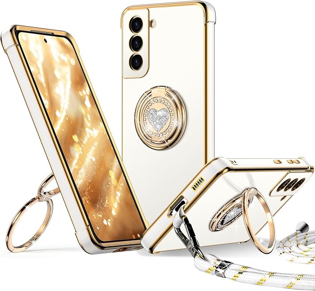 XYZ for Samsung Galaxy S22 Case with Stand, Double Ring Holder Case Heart with Lanyard for Girls Women, Luxury Cute Bling Protective Phone Cover Case for Samsung S22, White