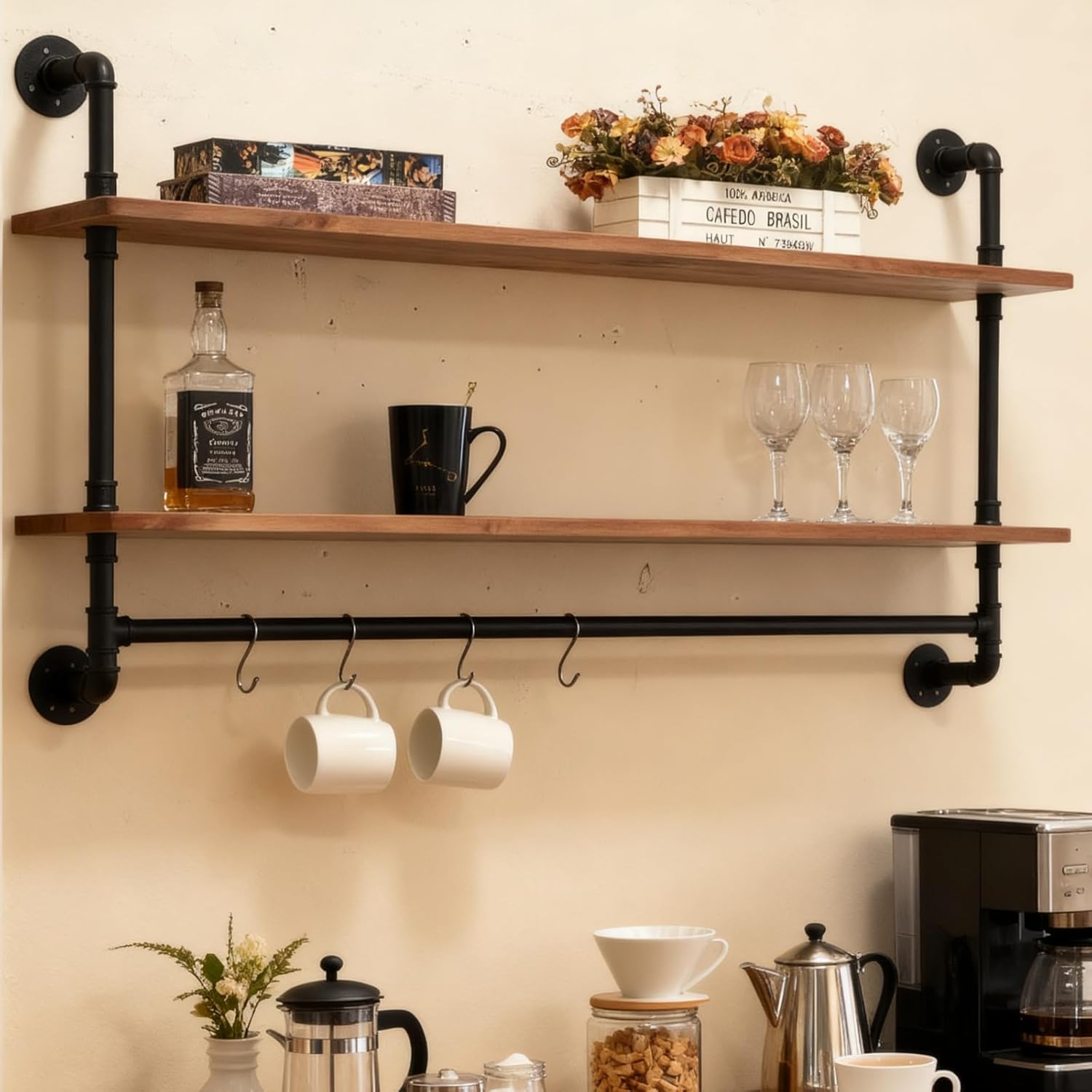 Industrial Pipe Shelving Pine Shelf,Pipe Shelves with Wood Planks,Wall Mounted Bookshelf,Floating Bar Shelves(2 Tier 42In)
