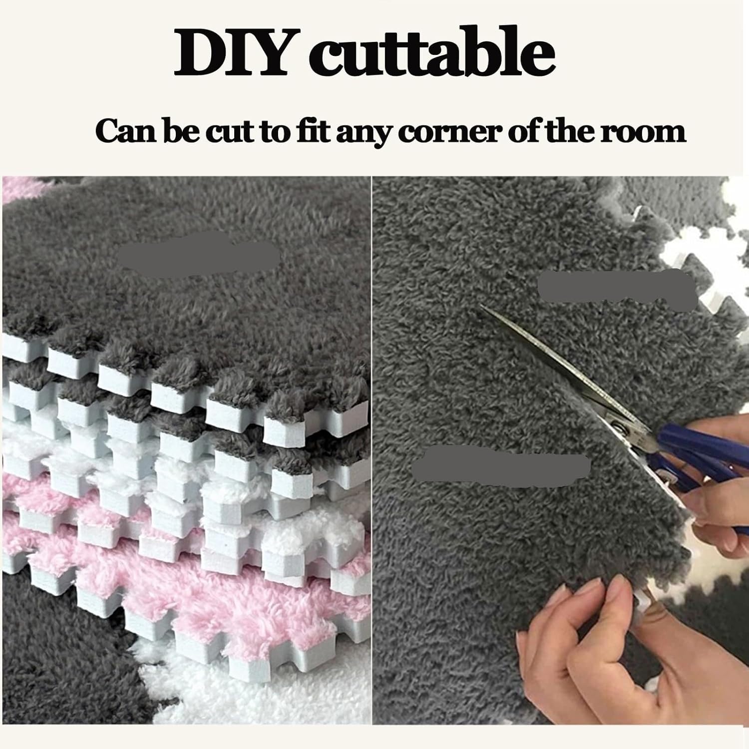 6pcs 24x24 in Shaggy Foam Interlocking Carpet Tiles with Border, Thick 0.4" Carpet, Puzzle Mats, Plush Foam Floor Mat(White+Apricot)