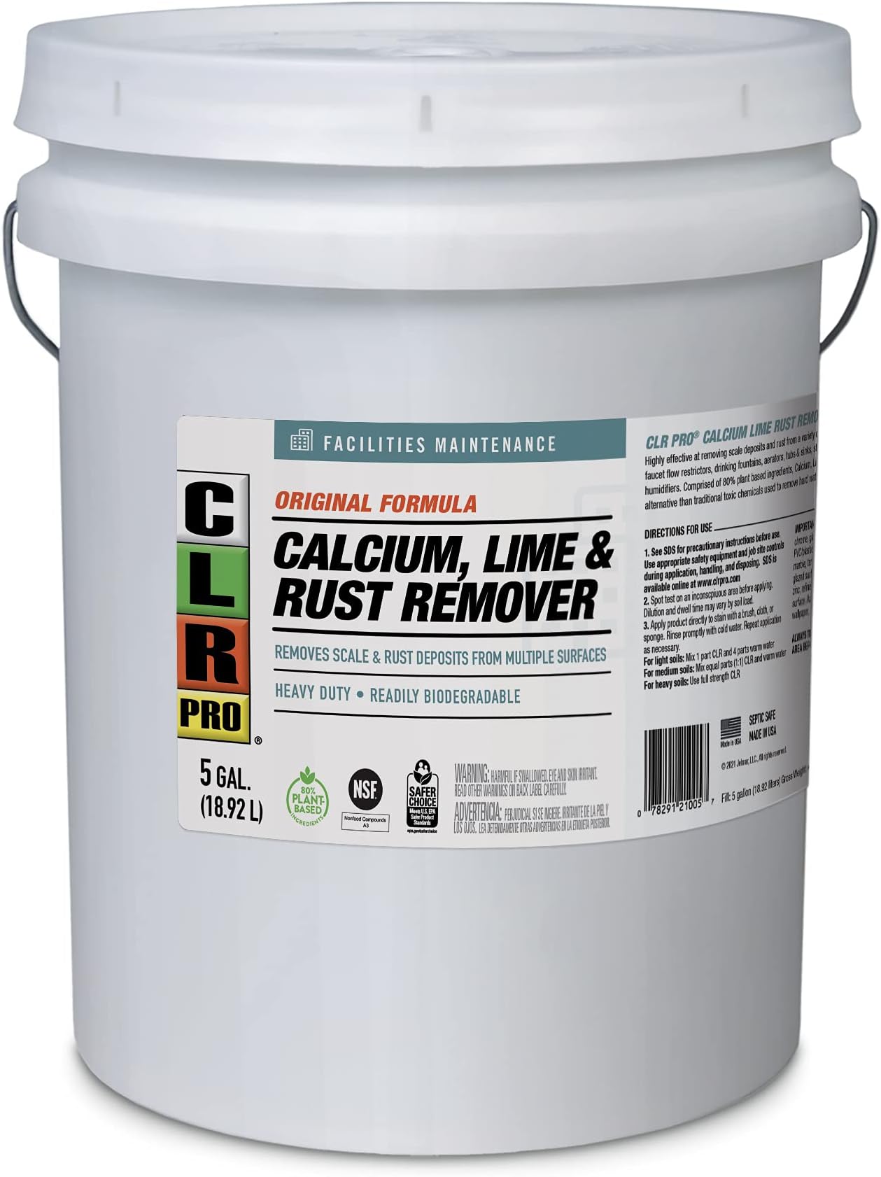 CLR PRO Calcium, Lime & Rust Remover - Quickly Removes Calcium and Lime Deposits, Stubborn Rust Stains, and Household Hard Water Deposits, Soap Scum, and Dirt - 5 Gallon Pail