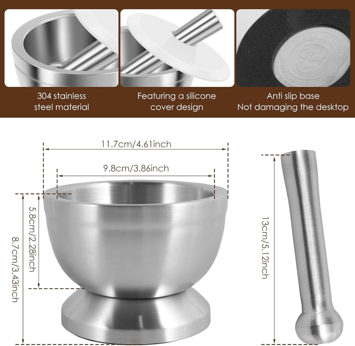 Stainless Steel Mortar and Pestle Set, Upgraded Efficient Spice Crusher with Lid and Non-slip Base, Medicine Grinder Coffee Bean Crusher, Kitchen Manual Masher for Grinding Herb Seasoning Garlic