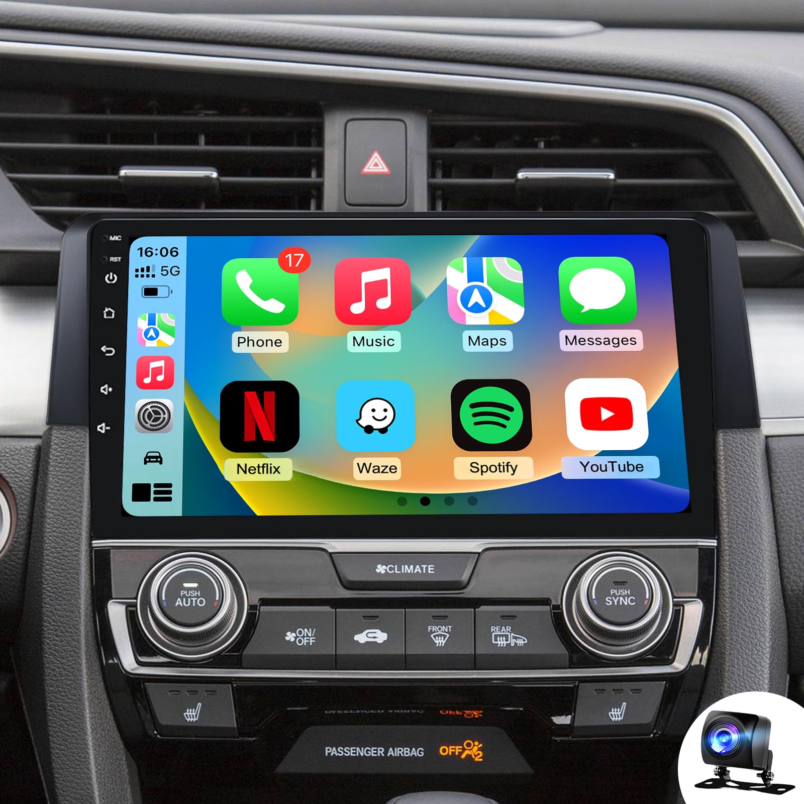 4G+64GB Android 13 Car Radio Stereo for Honda Civic 2016-2021, 9" Touch Screen Head Unit with Android 13/CarPlay/Android Auto/GPS Navigation/Bluetooth/FM/DSP Radio/AHD Backup Camera