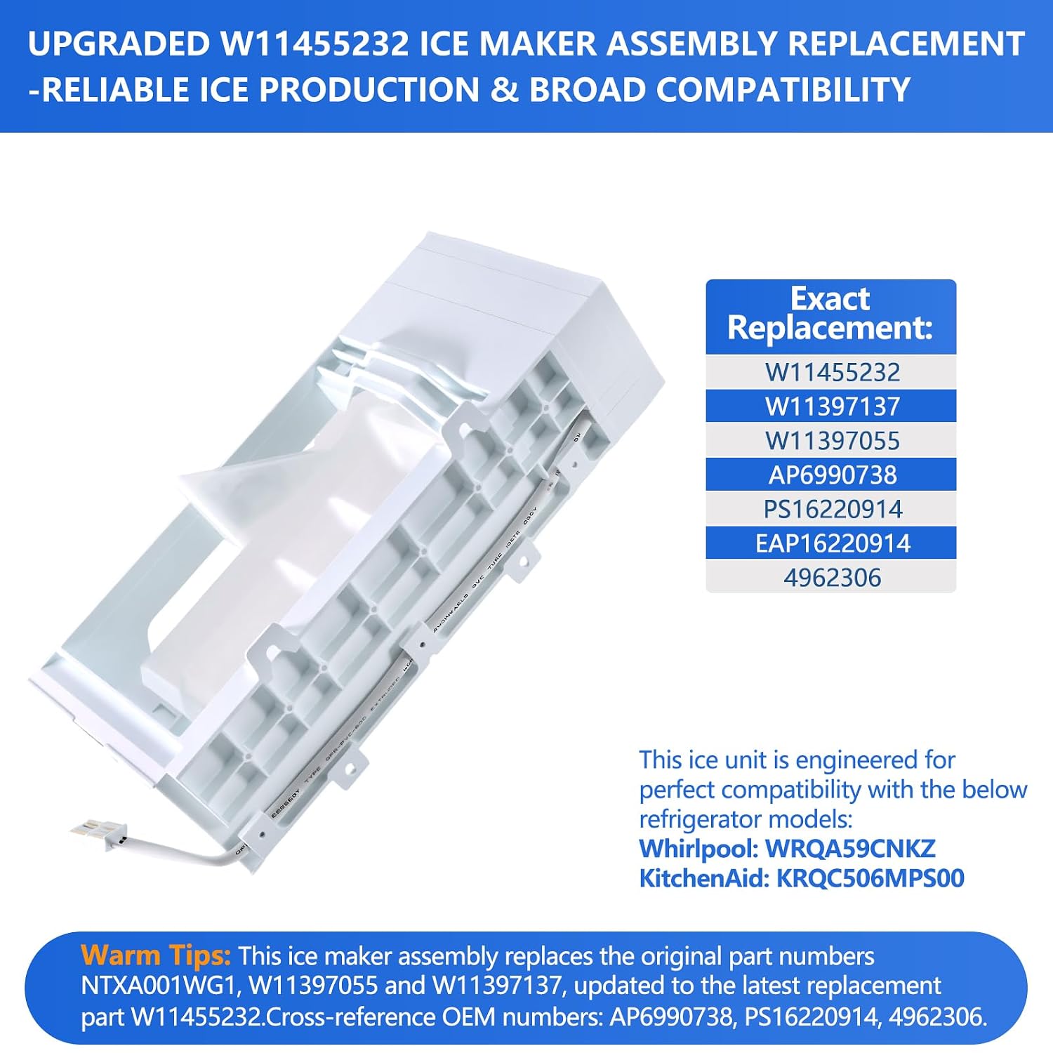 W11455232 Refrigerator Ice Maker Assembly, Replaces W11397137, W11397055, AP6990738, PS16220914, Fits Whirlpool WRQA59CNKZ & KitchenAid KRQC506MPS00, Restores Reliable Ice Production