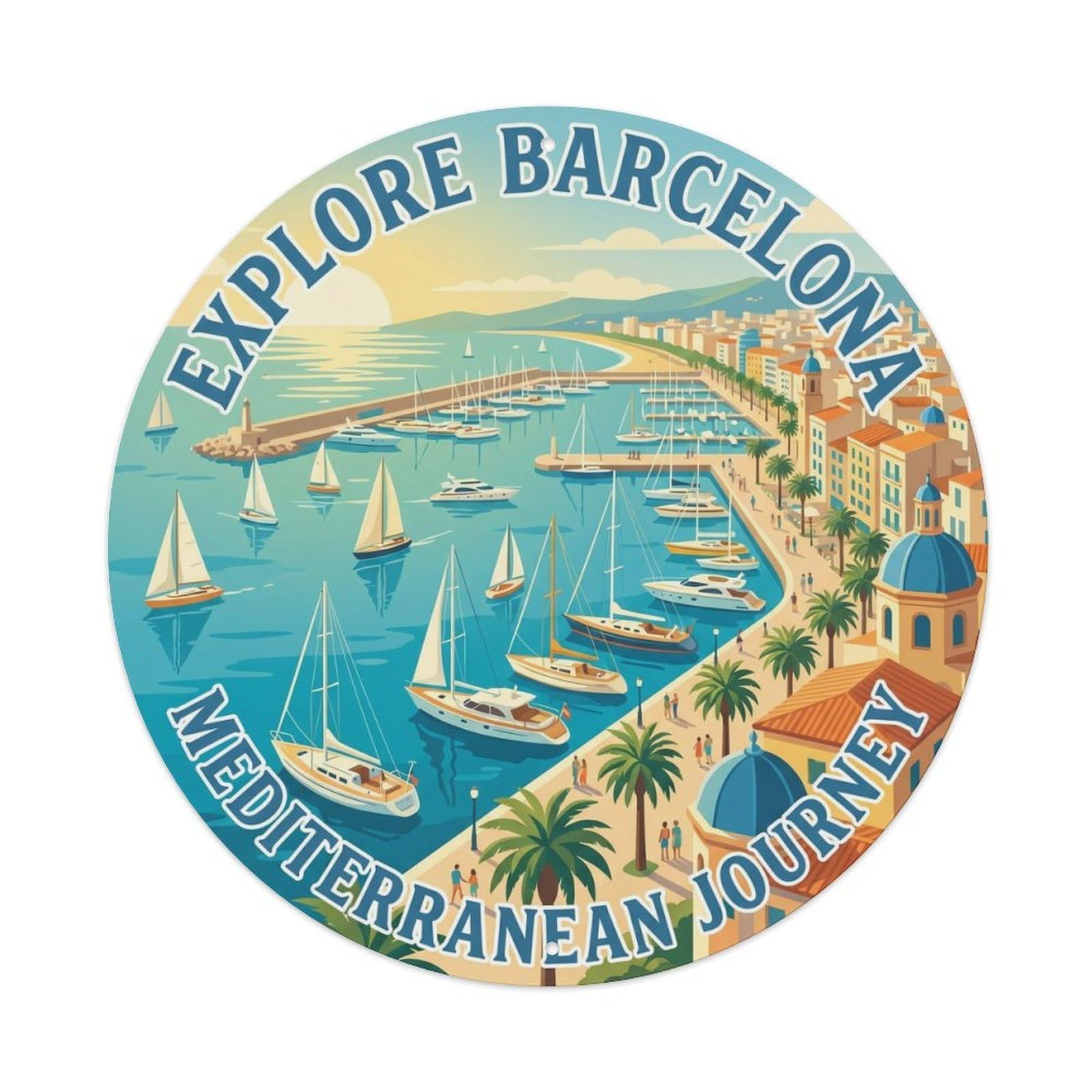 Vintage Travel Barcelona Waterfront Mediterranean Explore Metal Tin Sign Plaque Wall Decor for Cafe, Club, Garden Round Metal Poster 8x8Inch