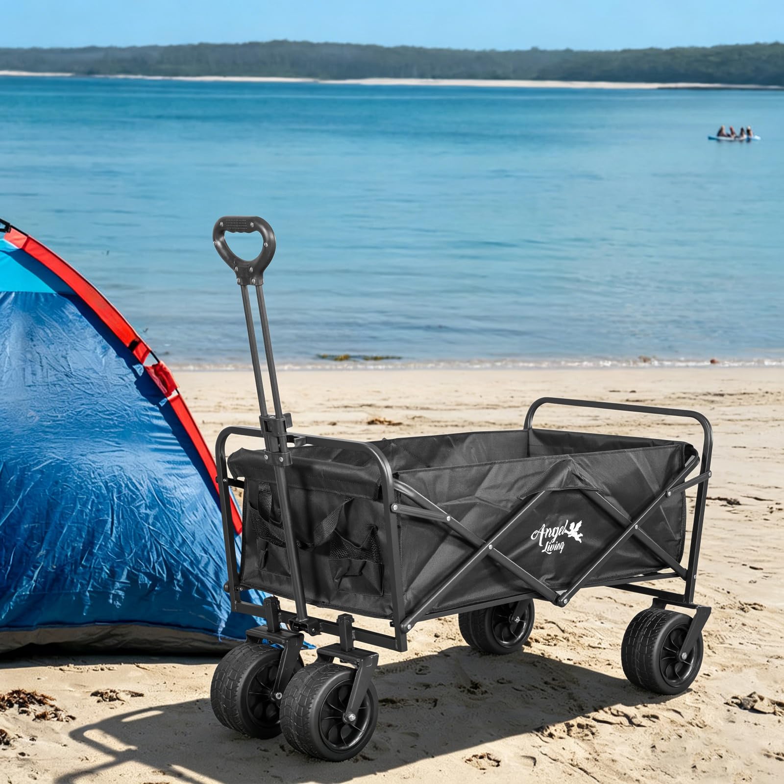 Angel Living Carro Playa Plegable con Frenos 300L 150 KG, Carrito Plegable con Ruedas Extra Grandes 7 * 4 Pulgadas para Todo Terrenos, Carro de Transporte para Jardín, Camping y Compras