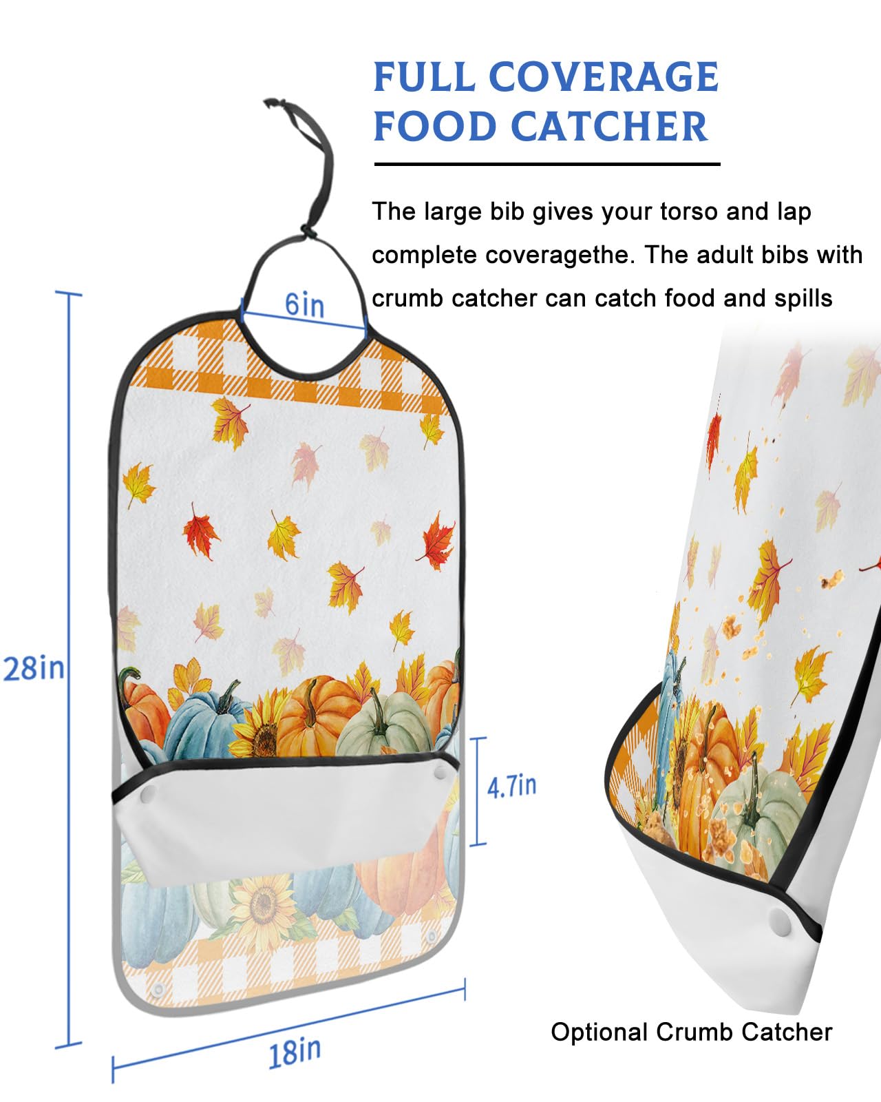 Adult Bibs for Elderly Women - Blue Orange Teal Pumpkins Fall Waterproof Dining Clothing Protectors with Crumb Catcher for Eating/Feeding, Orange Plaid Maple Leaf Thanksgiving Terry Cloth Bib Washable