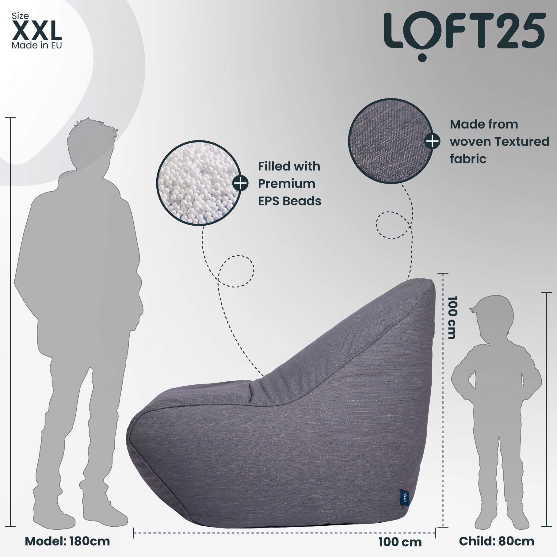 Loft 25 – Pouf en sac de haricots pour salon | Poufs en sac de haricots pour adultes | Canapé-lit en sac de haricots doux et confortable | Support dorsal ergonomique léger | Durable et confortable