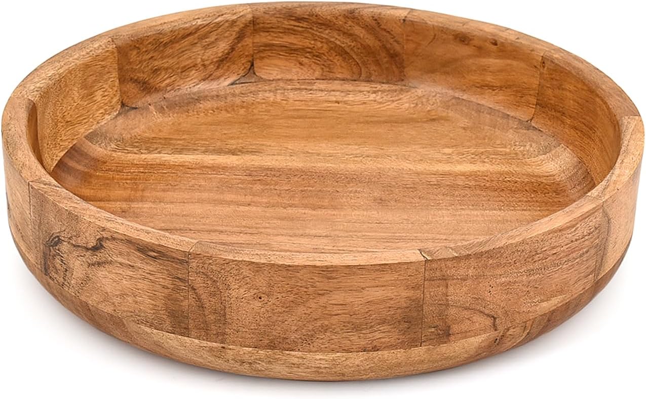 Fruit Bowl Acacia Wood Round Handcrafted Fruit Bowl for Kitchen Storage and Rustic Home Accents Kitchen, or Gift Use (12" x 12" x 2.5")