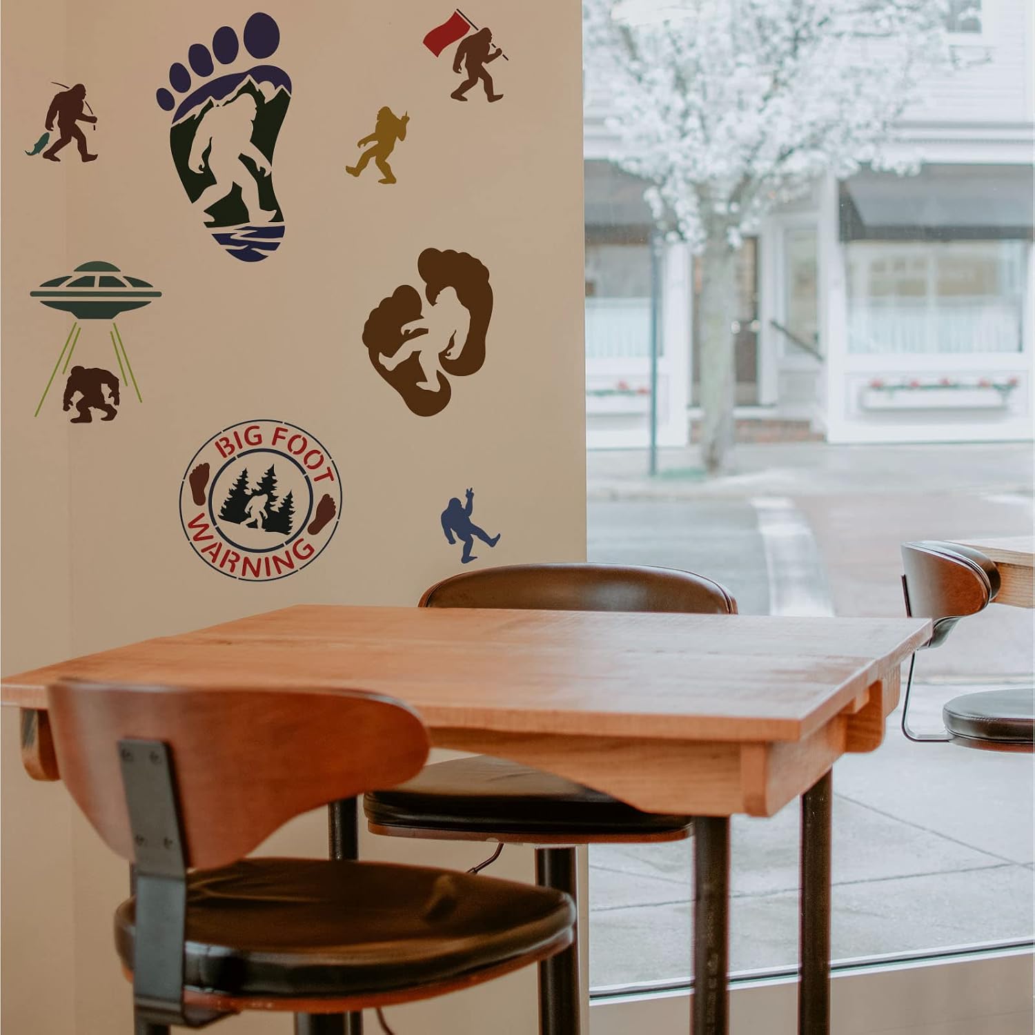 FINGERINSPIRE 9PCS Bigfoot Sasquatch Stencil - 2 Size Large Mountains Forest Painting Template - Reusable Plastic UFO Drawing, Tree, Tent, Flag Art for Home DIY Crafts