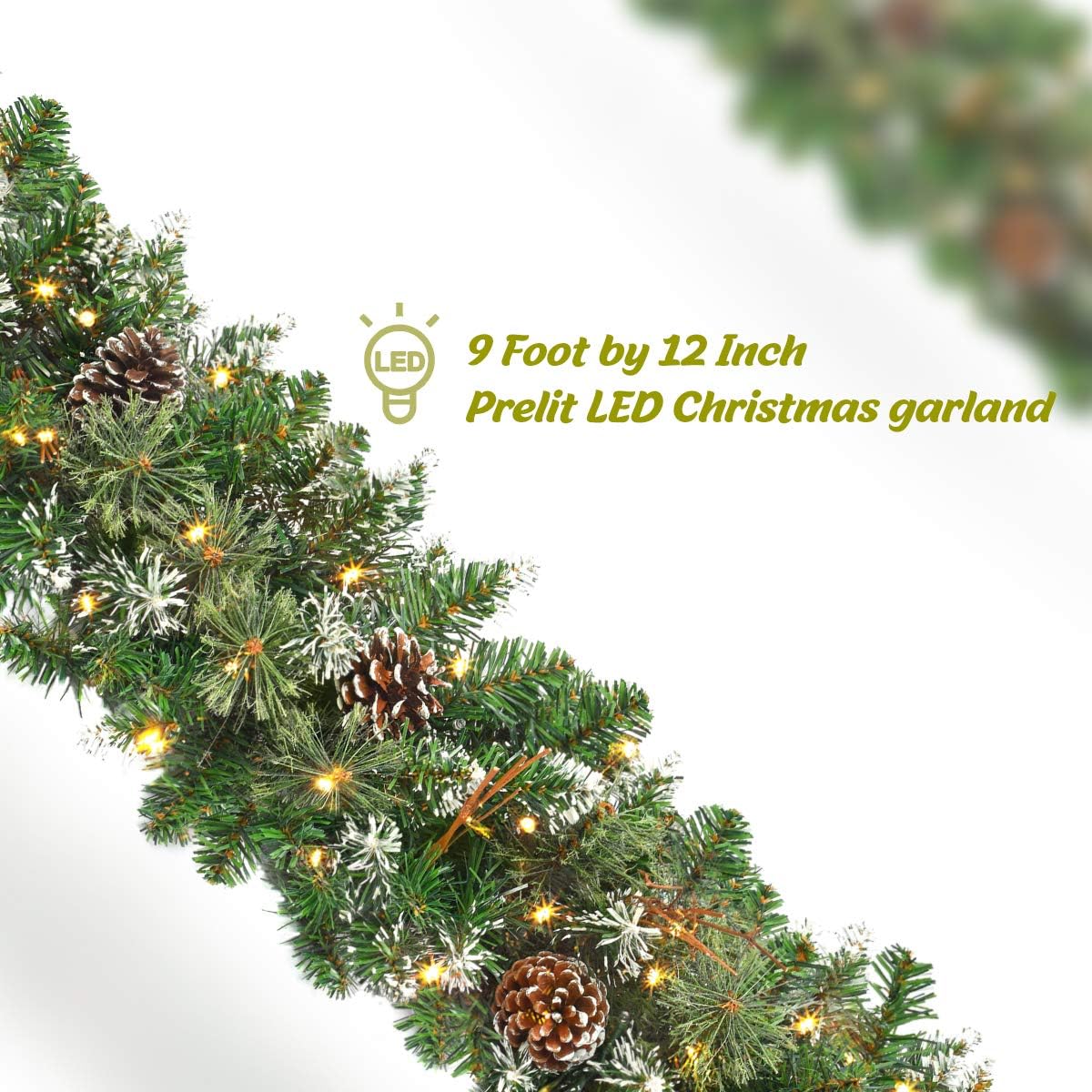 9 FT Prelit Christmas Garland with Pine Cones, Artificial Snowy Pine Garland for Christmas 50 LED Battery Operated Warm Lights and Timer Xmas Garlands Decor Indoor Outdoor - Image 2