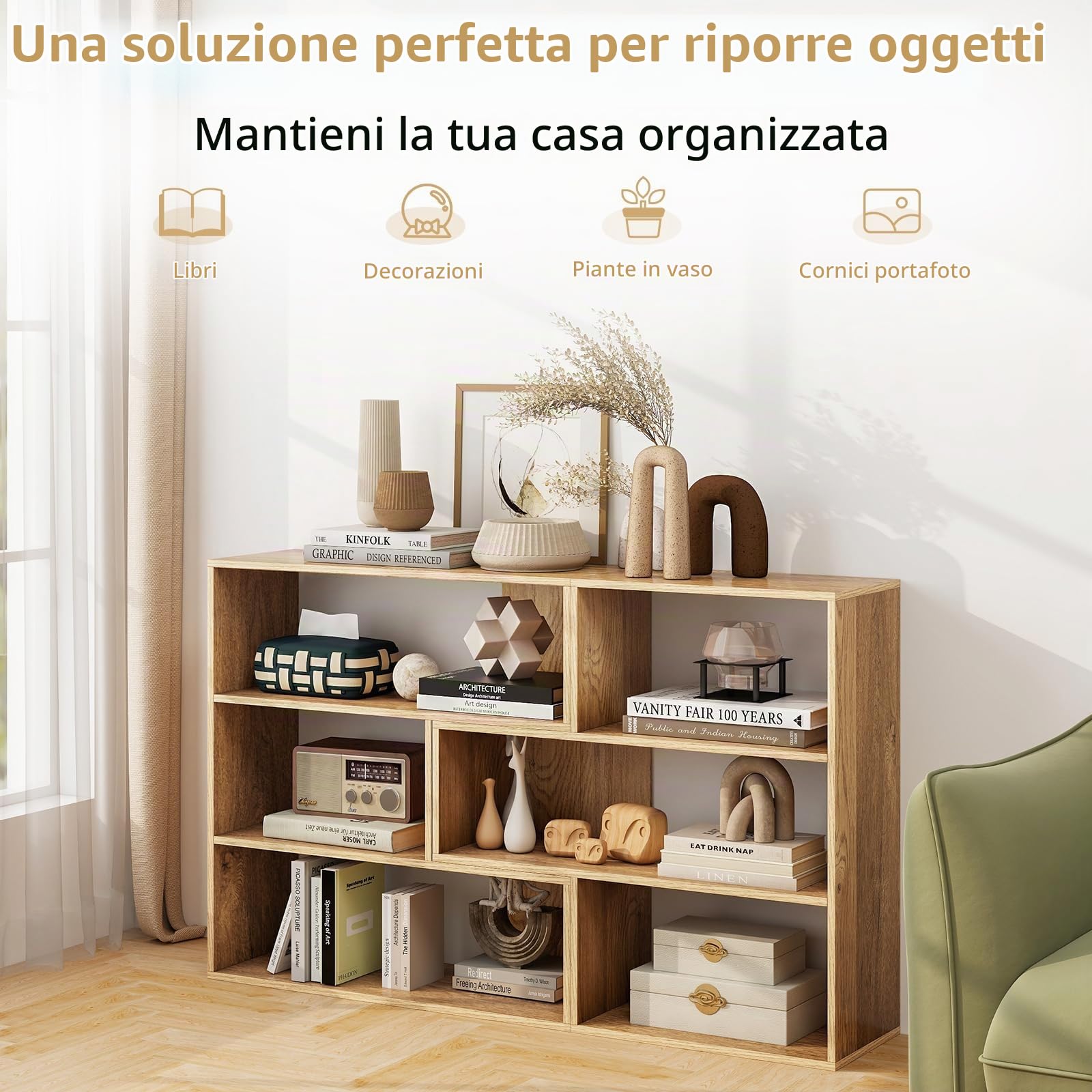 HOMASIS Libreria Scaffale Unica, Scaffale a 3 Scomparti in Legno, Liberamente Combinabili, Libreria Salvaspazio per Salotto, Ufficio, Cucina (Naturale, Modello 1, Nuovo)