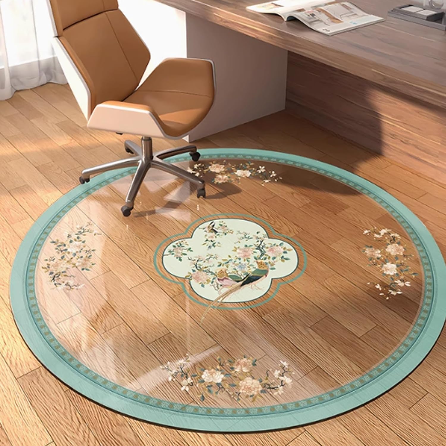 Non-Slip PVC Round Chair Mat 1.6mm Thick for Hardwood Floors -Non-Curl Rolling Clear Floor Protector Chair Mat for Office Desk & Vinyl Flooring(Green,ID90cm/35.5in)