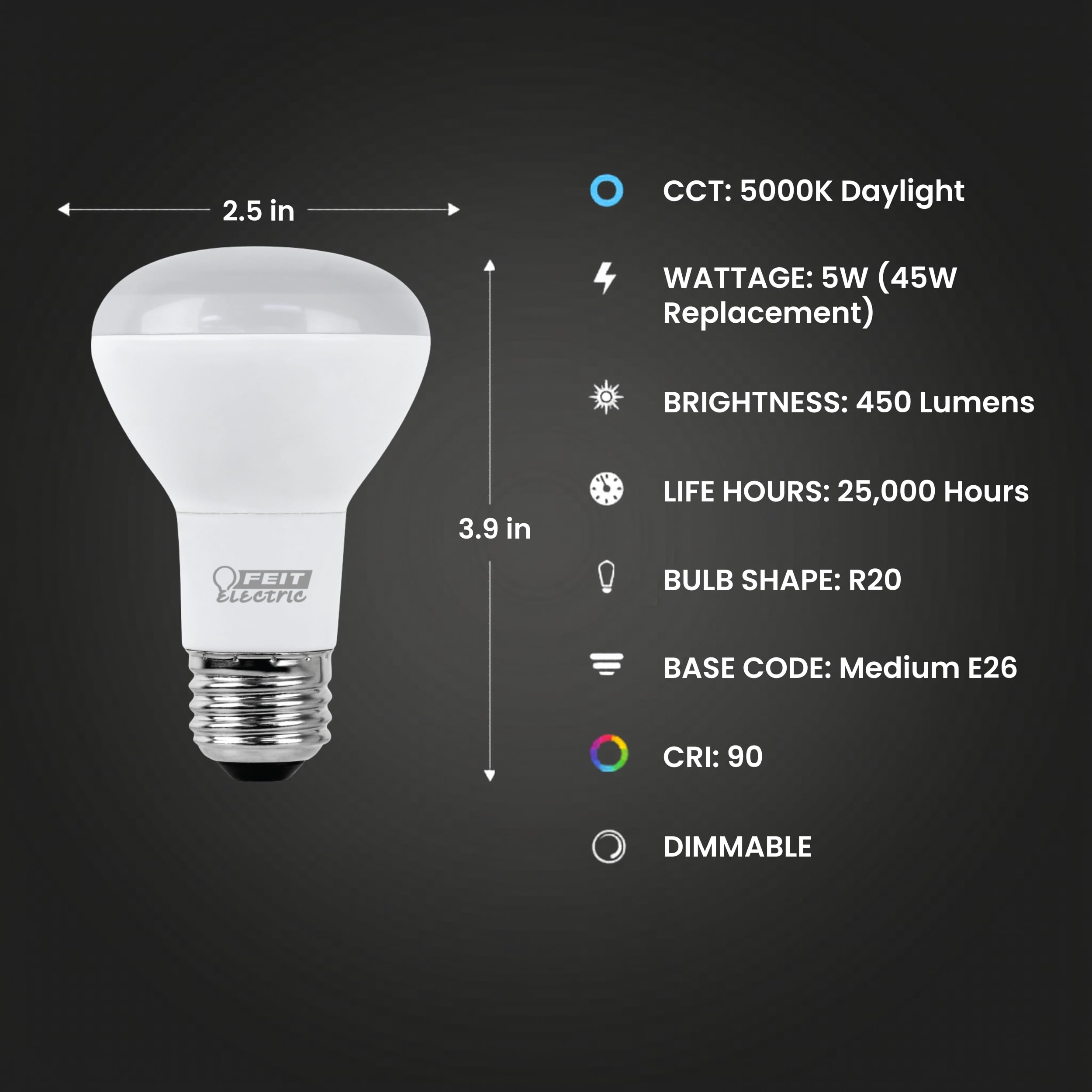 Feit Electric R20 LED Light Bulb, 45W Equivalent, Dimmable, 5000K