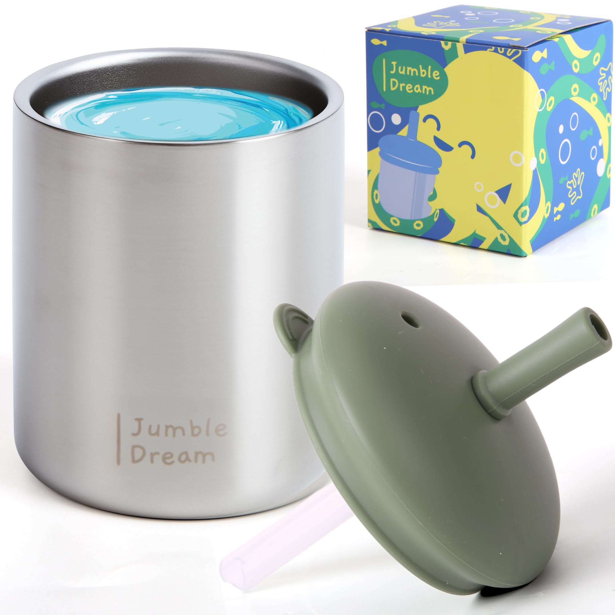 Jumble Dream Stainless Steel Toddler Straw Sippy Cup 210ml, Insulated Spill Proof Sippy Cup with Straw & Silicone Lid