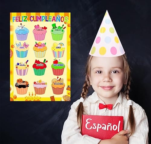 Miniatura 5 de WaaHome Póster de feliz cumpleaños en español para decoración de aula, 12 x 17.3 pulgadas, cupcakes inglés para aula, póster de cumpleaños,