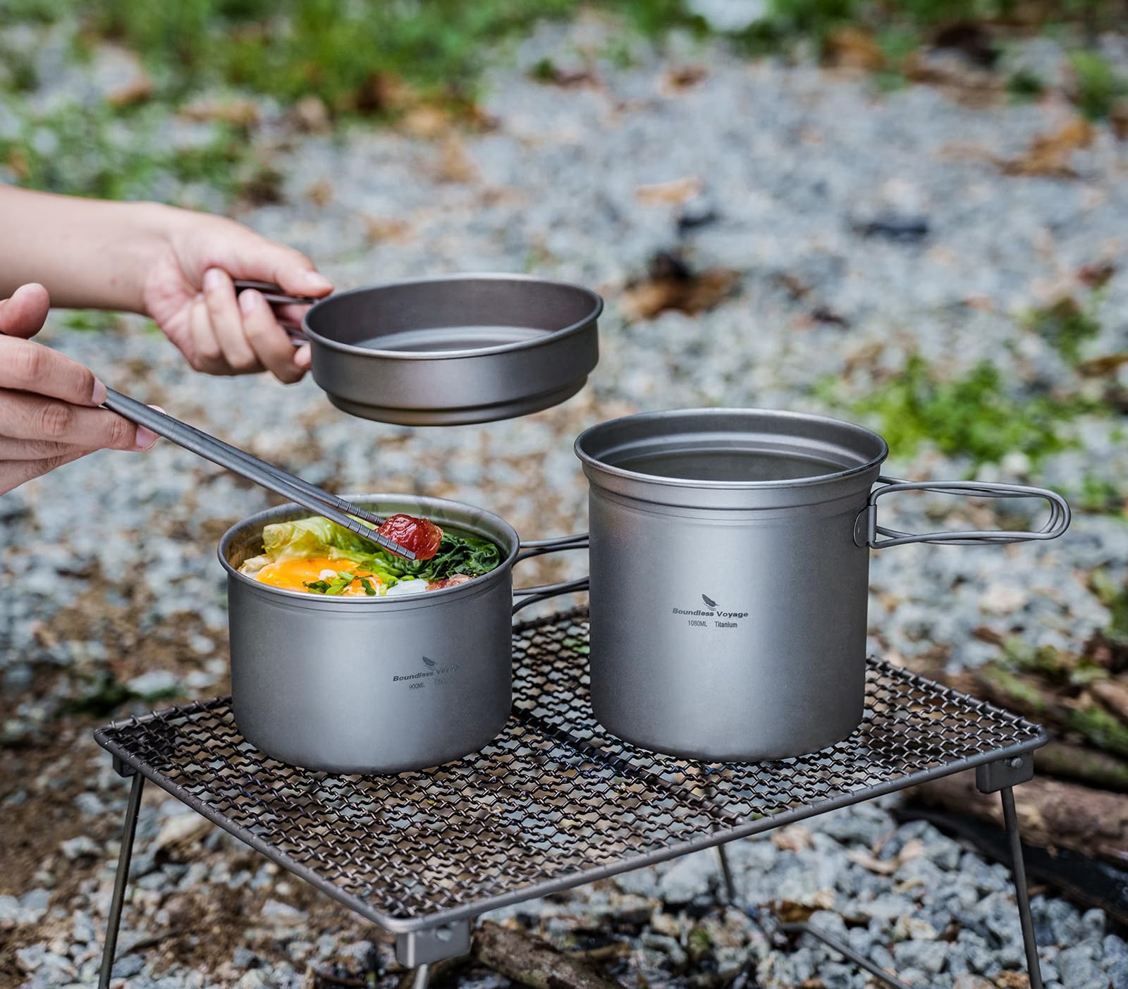 iBasingo Titan Topf Pfannen Set mit Klappgriff Im Freien Camping Suppe Topf Schüssel Bratpfanne Essgeschirr Ultraleicht Kochgeschirr Für Picknick Reisen Wandern