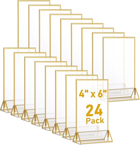 24 piezas de soporte acrílico transparente dorado de doble cara para menú, con bordes dorados, soporte para exhibición de letreros transparentes,