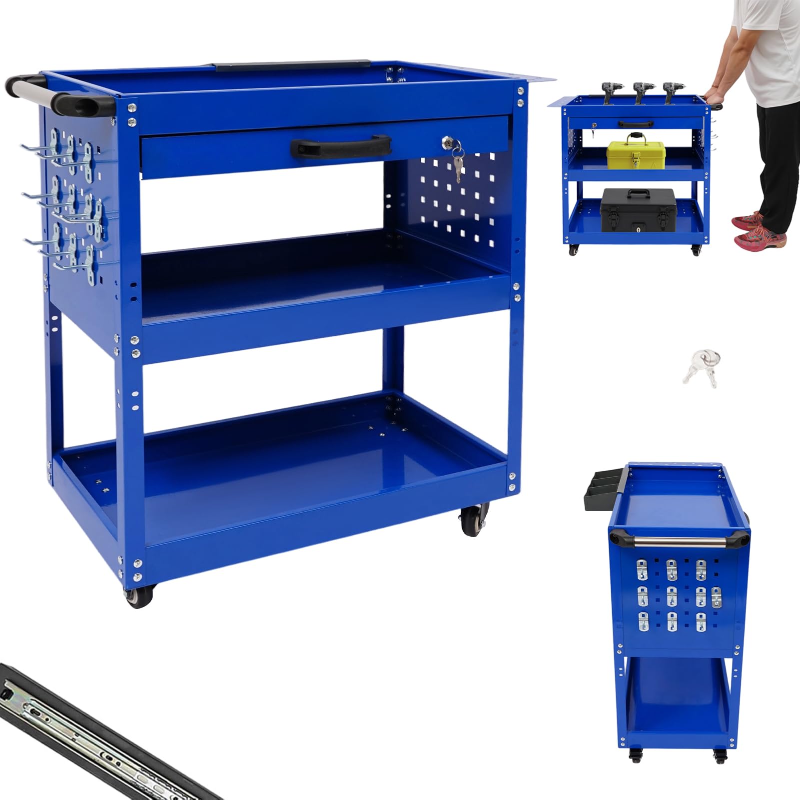 Carro de herramientas con 3 compartimentos, vacío, con cajones y llaves, armario de herramientas móvil de metal para talleres, garajes, almacenes, hasta 250 kg (azul)