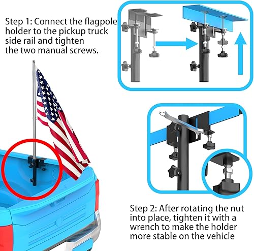 Miniatura 7 de Soporte para mástil de bandera para cama de camión, sin perforación, soporte para mástil de bandera en la cama, soporte de bandera para cama de
