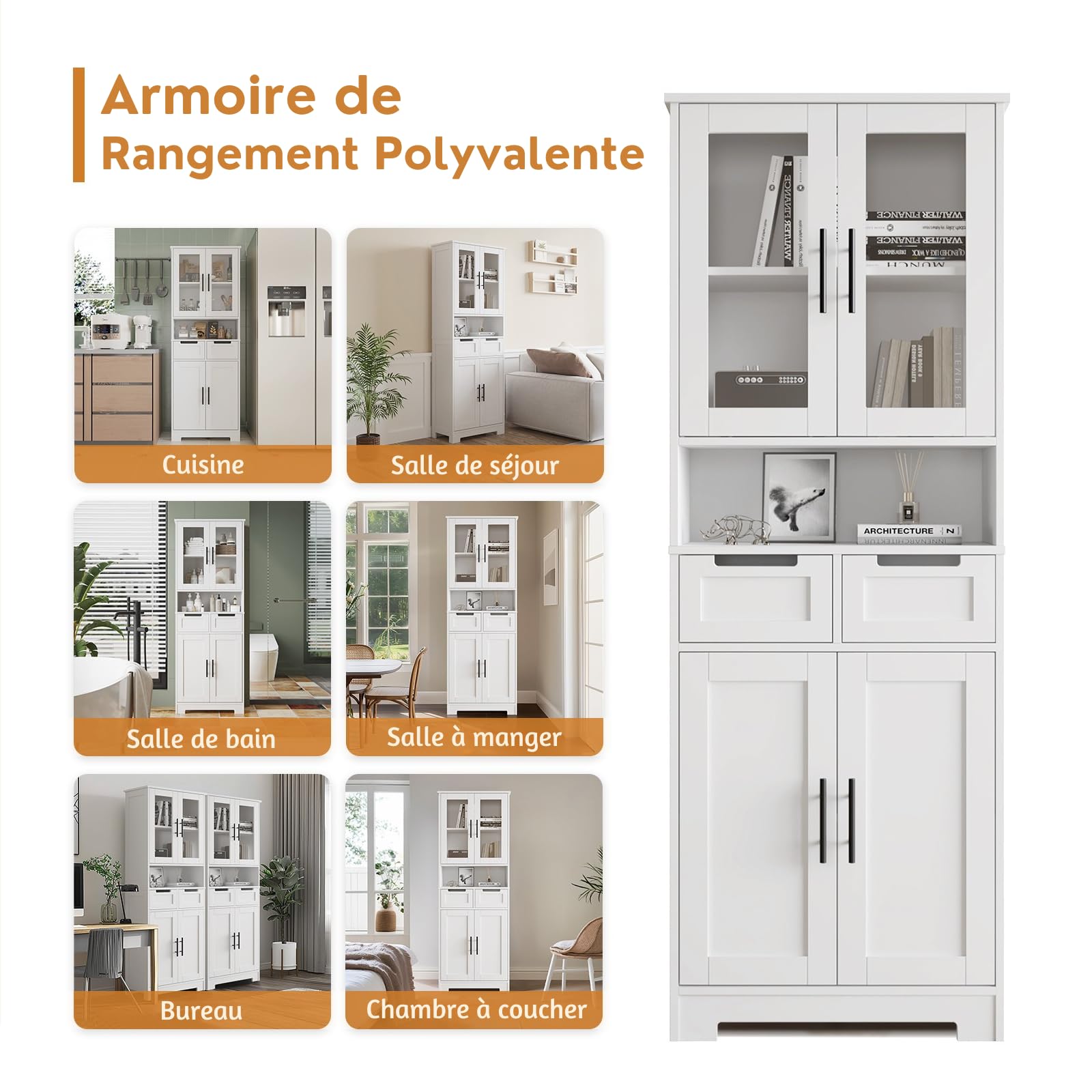 LEADZM Meuble Cuisine Rangement，Buffet Cuisine avec 4 Portes et 2 Tiroirs | Meuble de Rangement Cuisine，Grande Capacité pour Salon，Chambre ou Bureau - 60 x 30 x 170 cm (4 Portes)