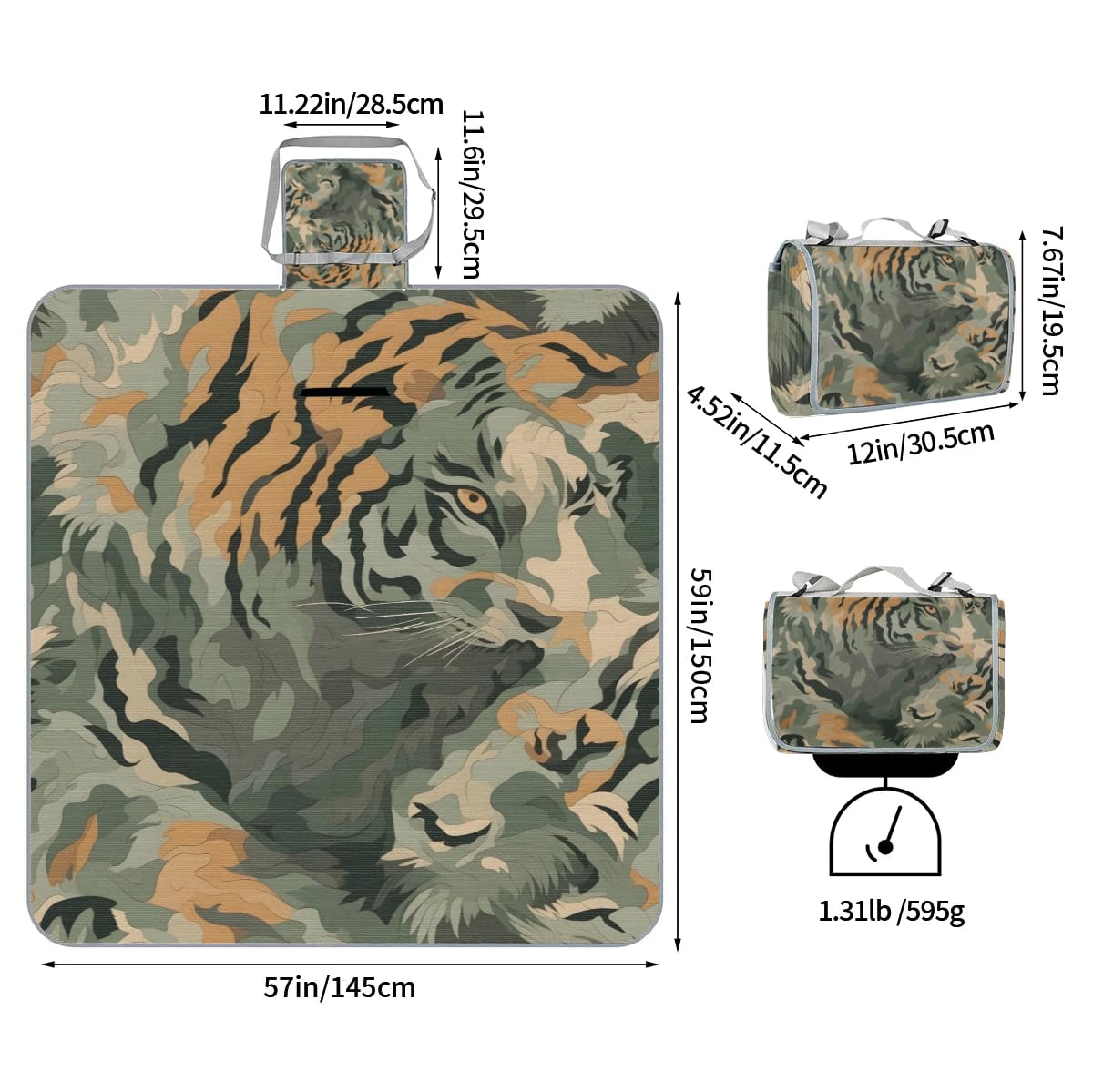 Mantas de picnic de 150 x 145 cm, diseño de camuflaje de tigre, manta de playa plegable para exteriores, impermeable, para playa, camping, senderismo, picnic