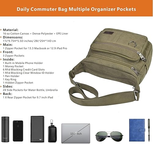 Miniatura 7 de Rfid - Bolsa bandolera con soportes para botellas de agua, bolsa de hombro para laptop de 13 pulgadas, bolso bandolera con cartera integrada