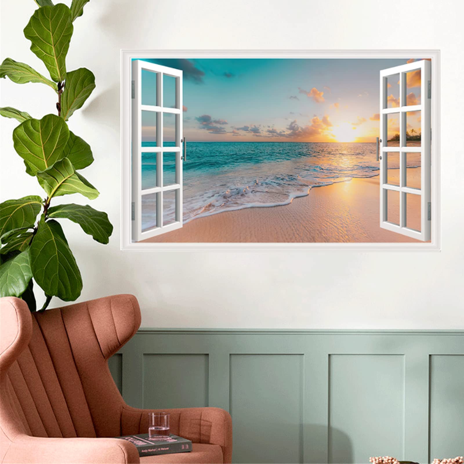 3D Self-Adhesive Fake Window Wall Sticker - Tropical Island With Palm Trees Mural (36x24 Inches, Removable)