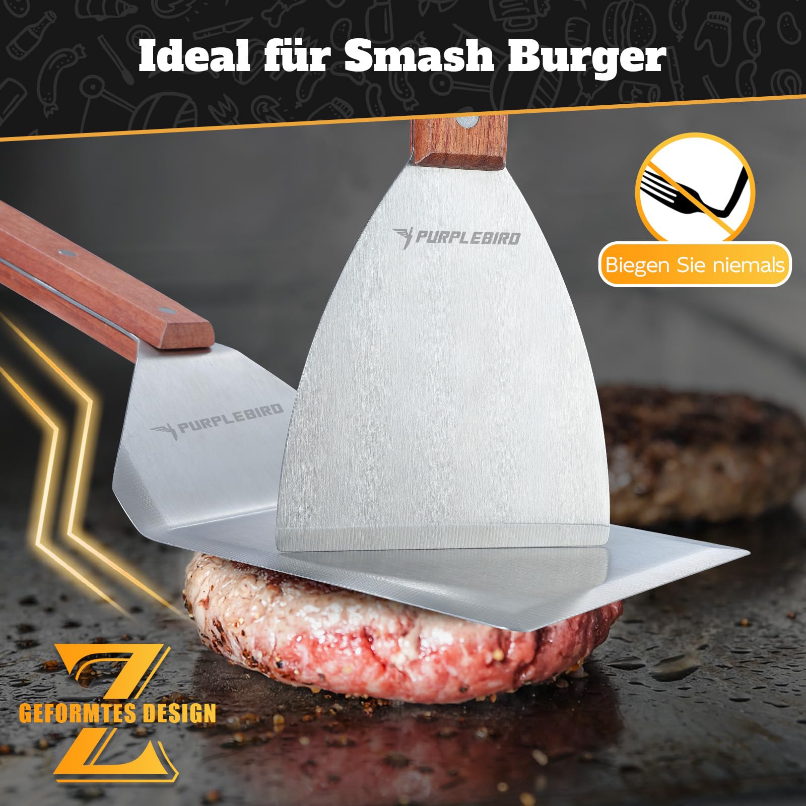 PURPLEBIRD Juego de Espátulas para Parrilla de Acero Inoxidable, Juego de Espátulas para Plancha con Espátula Grande para Parrilla para Aplastar Hamburguesas, Regalos para Parrilla para Hombres