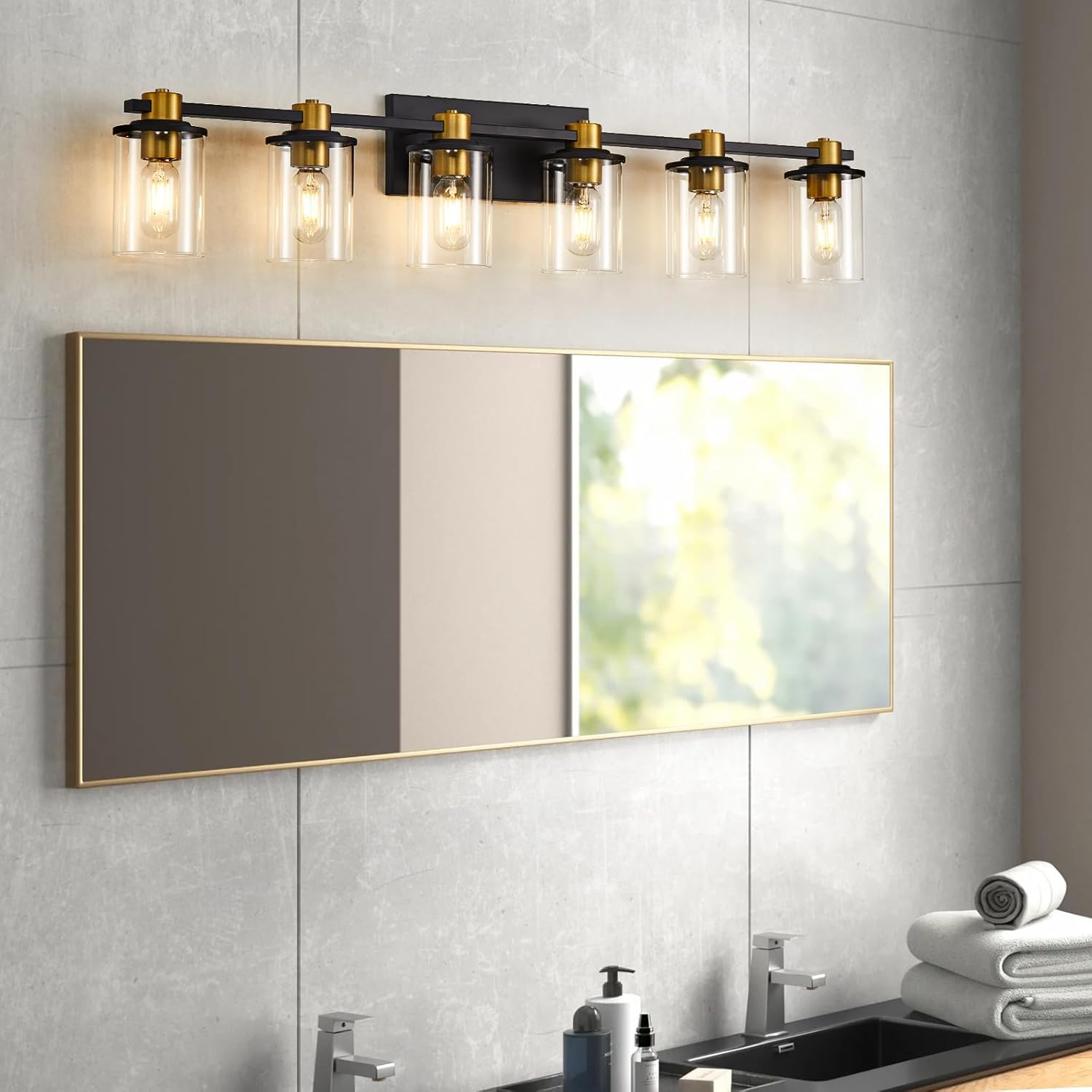 Bathroom Vanity Light, 6 Light Black and Gold Bathroom Light Fixtures, Sconces Wall Lighting with Clear Glass Shade, Modern Brushed Gold Vanity Lighting fixtures for Bathroom, Bedroom, Hallway
