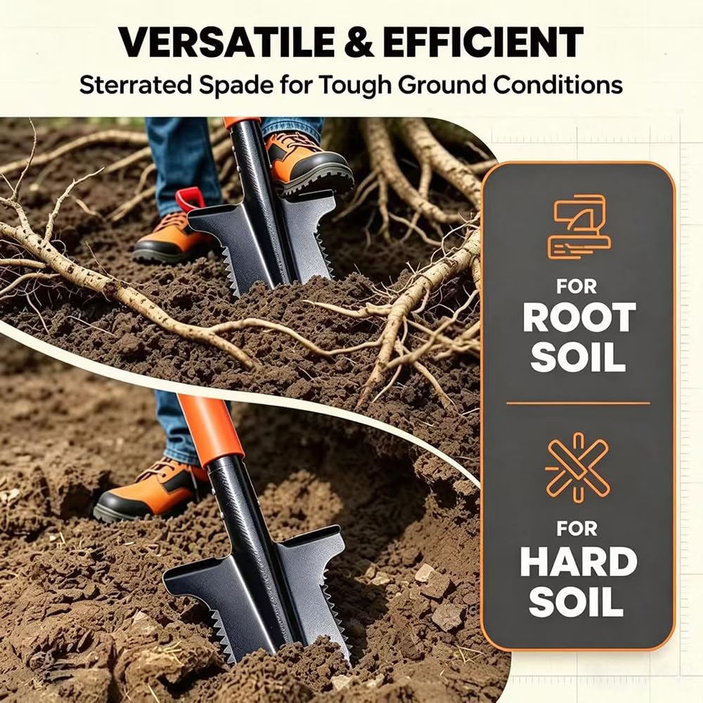 Bêche à racines avec scie à racines 112 cm - Bêche de jardin en acier 1050Mn - Pour sols durs - Bêche de drainage avec larges bords et poignée souple - Durable - Pour plantation de racines et drainage