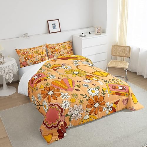 Miniatura 4 de Groovy Style - Juego de edredón de tamaño matrimonial, juego de ropa de cama vintage de los años 60 y 70 con diseño de garabatos de flores para