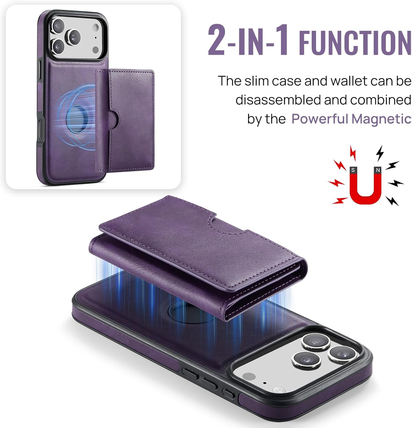 Asuwish Phone Case for iPhone 17 Pro Max 6.9 inch Wallet Magnetic Detachable Cell Cover with Wireless Charging and RFID Blocking Credit Card Holder Flip i Phone17 17Pro i17 ProMax 17ProMax Men Purple