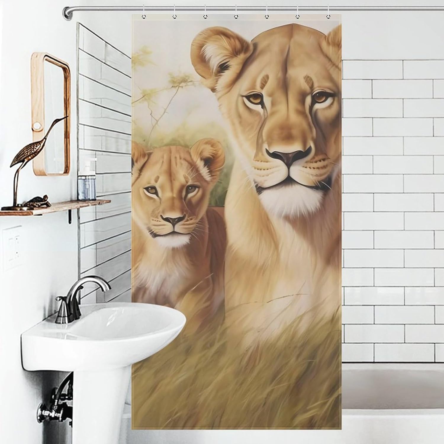Lion and Little Funny Shower Curtains Washable Bath Curtain Liner with Hooks for Bathroom Bath Tubs