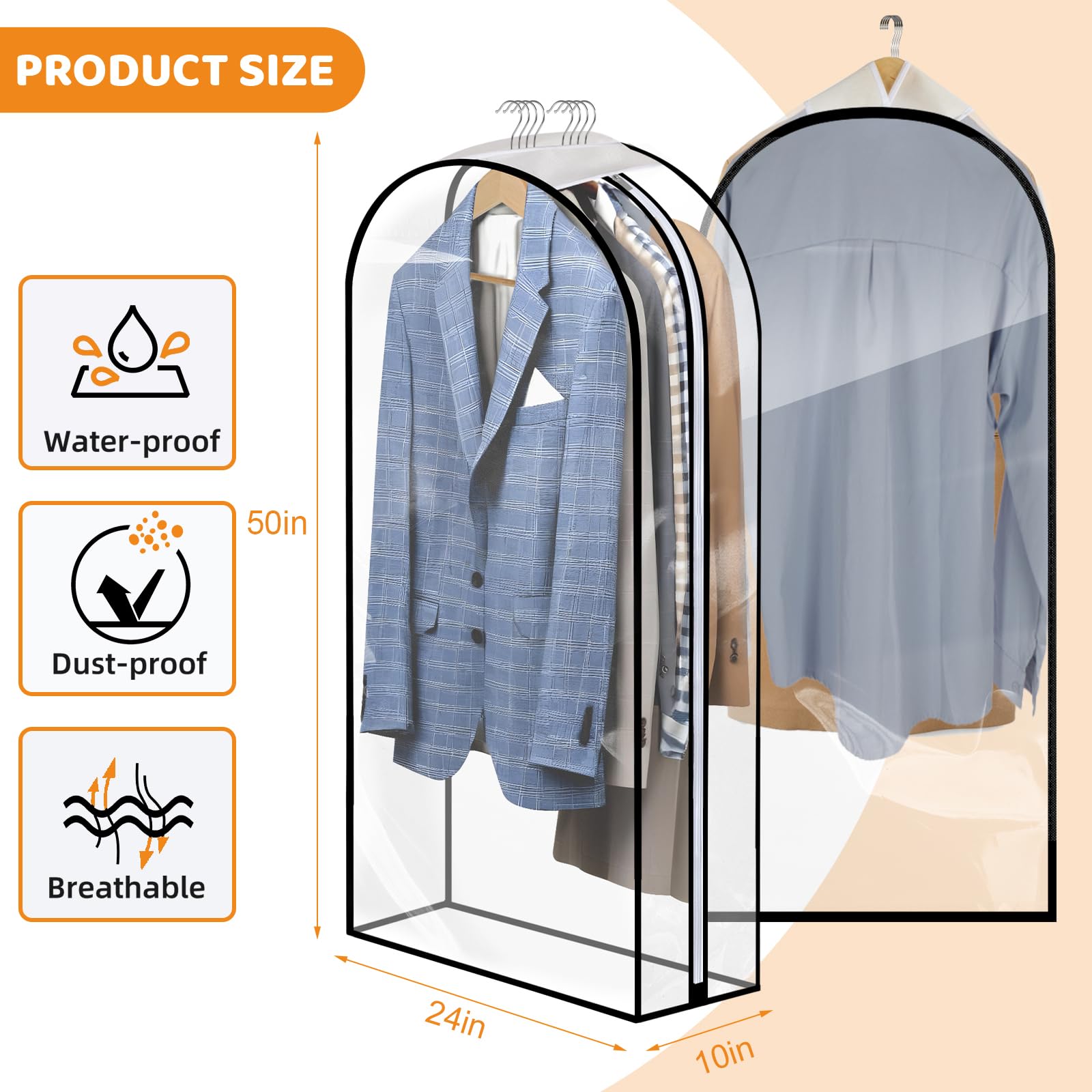 4 Pack Full Clear Garment Bags, 50" Clothes Covers with 10" Gusseted, Transparent Bags for Hanging Clothes Suit Bags - Image 2
